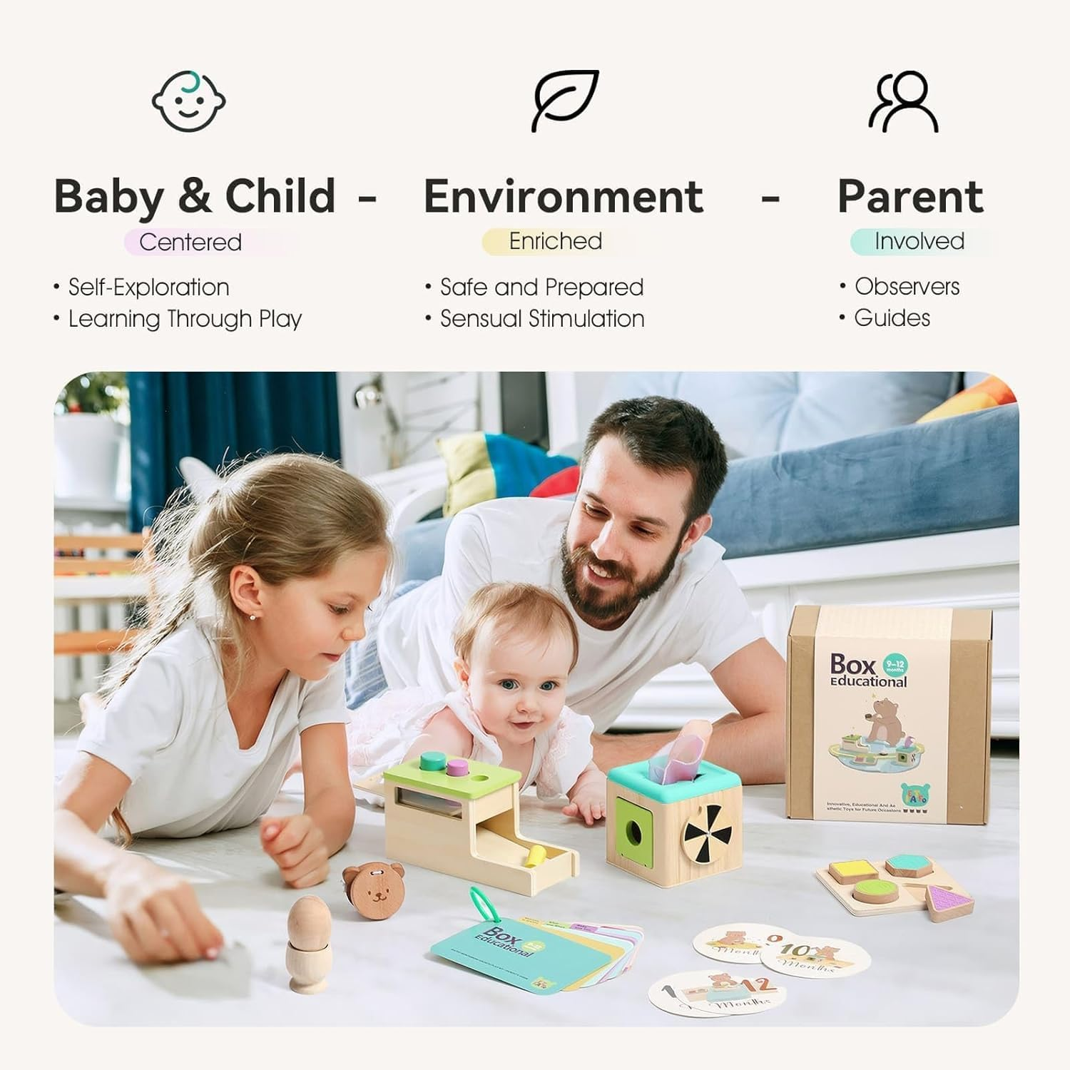 Montessori Toy for Babies 9-12 Months, 7-In-1 Wooden Playful Learning Toys with Egg Cup, Castanets, Magic Tissue Box, Textured Shape Puzzle, Cylinder Drop Box and More