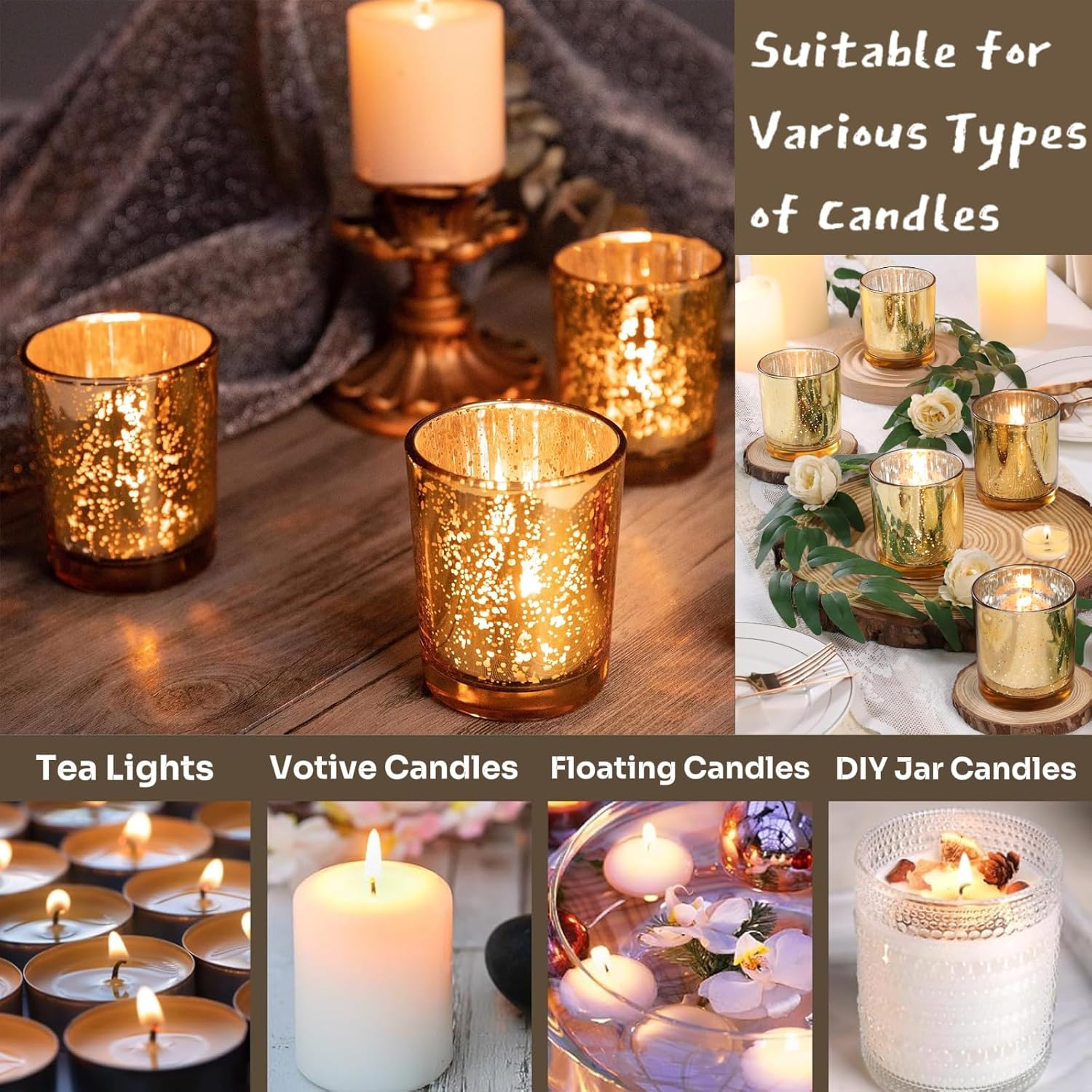 Votive Candle Holders Set of 12, Golden Speckles Mercury Glass Tealight Candle Holder, Wedding Centerpiece Table Decorations, for Bridal Shower, Baby Shower & Home Decor image number 2