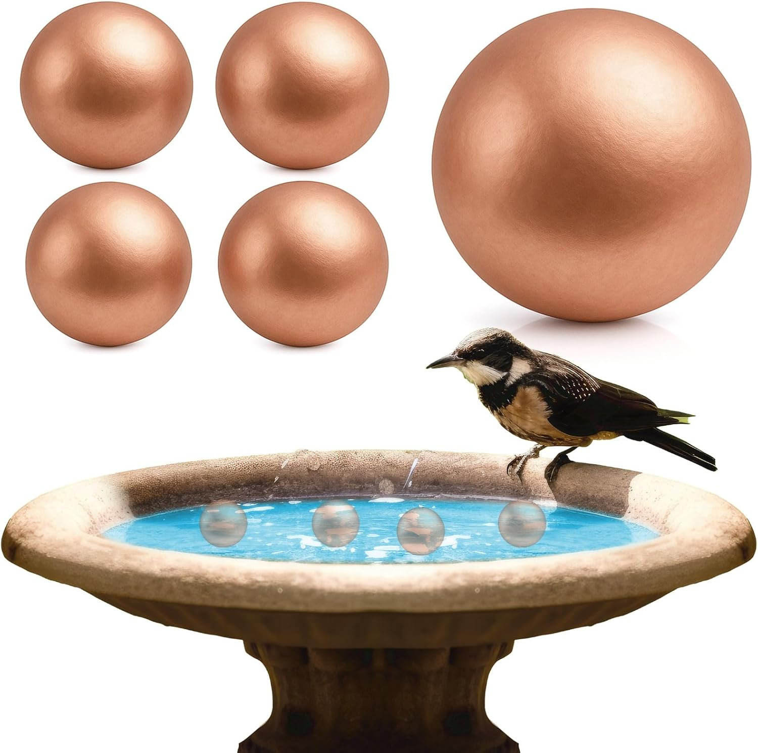 Otoolling 4 Pcs Bird Bath Copper Disk Balls, Spherical Design Purity Disk for Maximum Surface Contact, Natural Water Purification, Universal Fit Outdoor Birdbaths, All Season Use (Copper,14 Mm)