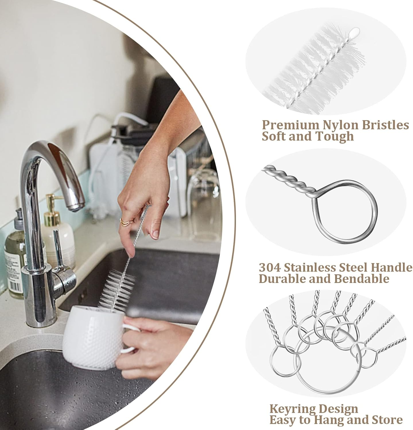 YUNGMAX Small Bottle Brush Set, 8PCS Nylon Straw Cleaner Pipe Brushes for Washing Narrow Neck Water Bottles Jars Teapot Spout (White)