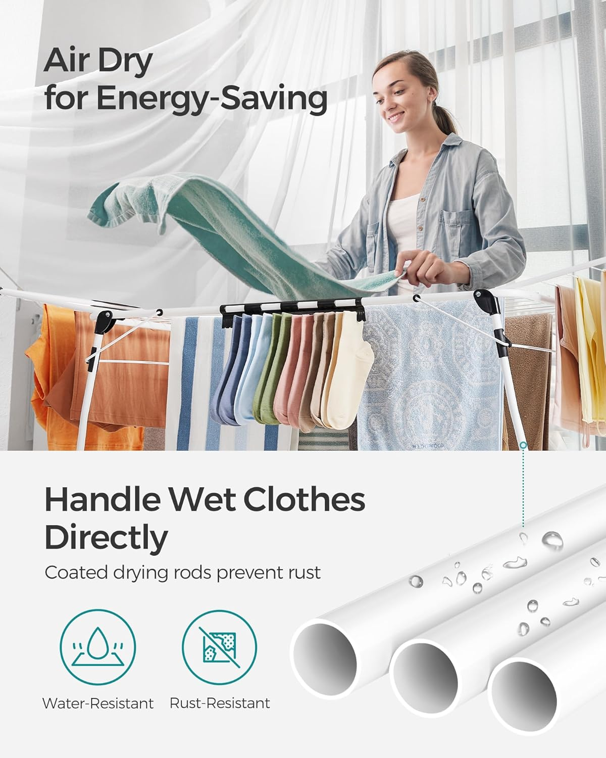 SONGMICS Clothes Drying Rack, 22.2 X 68.1 X 38 Inches Laundry Drying Rack Foldable, Space-Saving, with Gullwings, Sock Clips, Metal Structure, for Clothes, Towels, Linens, White ULLR518W01 image number 2