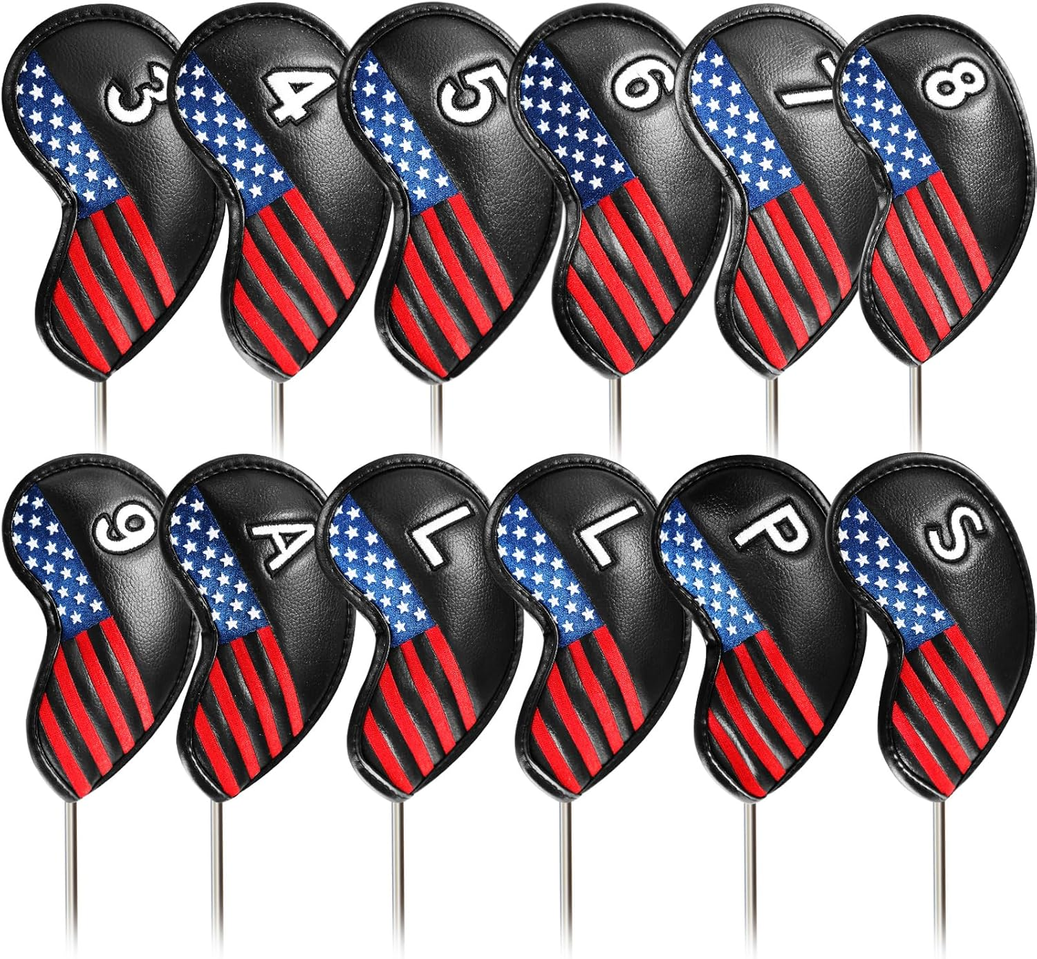 Golf Head Covers Iron Set 12 Piece 3 4 5 6 7 8 9 Lw Pw Sw Aw for Both Left and Right Handed, Leather Irons Club Headcovers Deluxe Color Black Blue Red Universal Fit All Brands