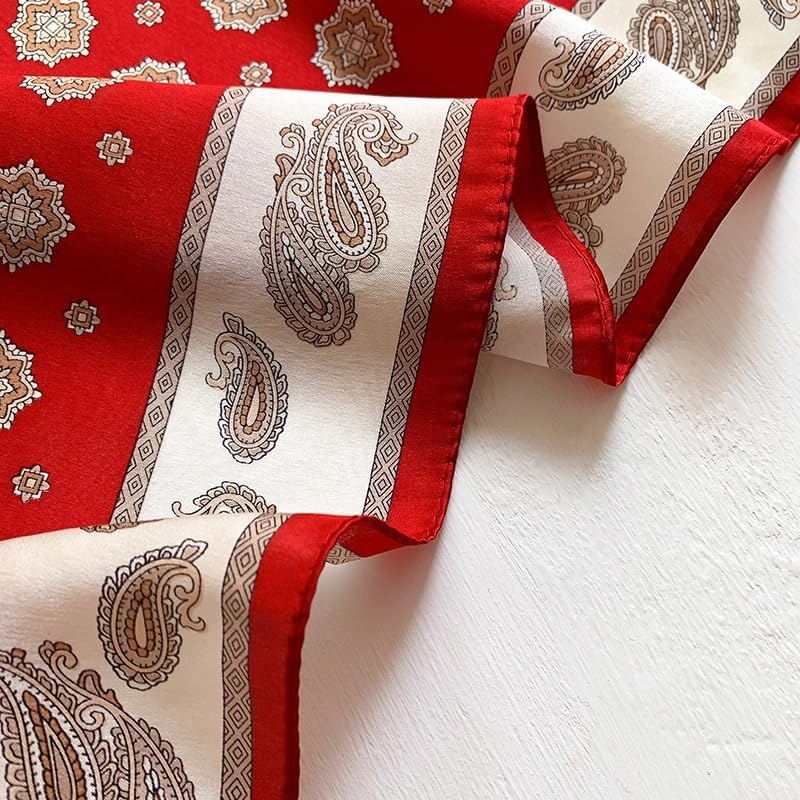 ANDANTINO 100% Pure Mulberry Silk Small Square Scarves -21'' X 21''- Digital Printed Neckerchief Women Men Lightweight Scarf - 01 Red Leopard image number 7