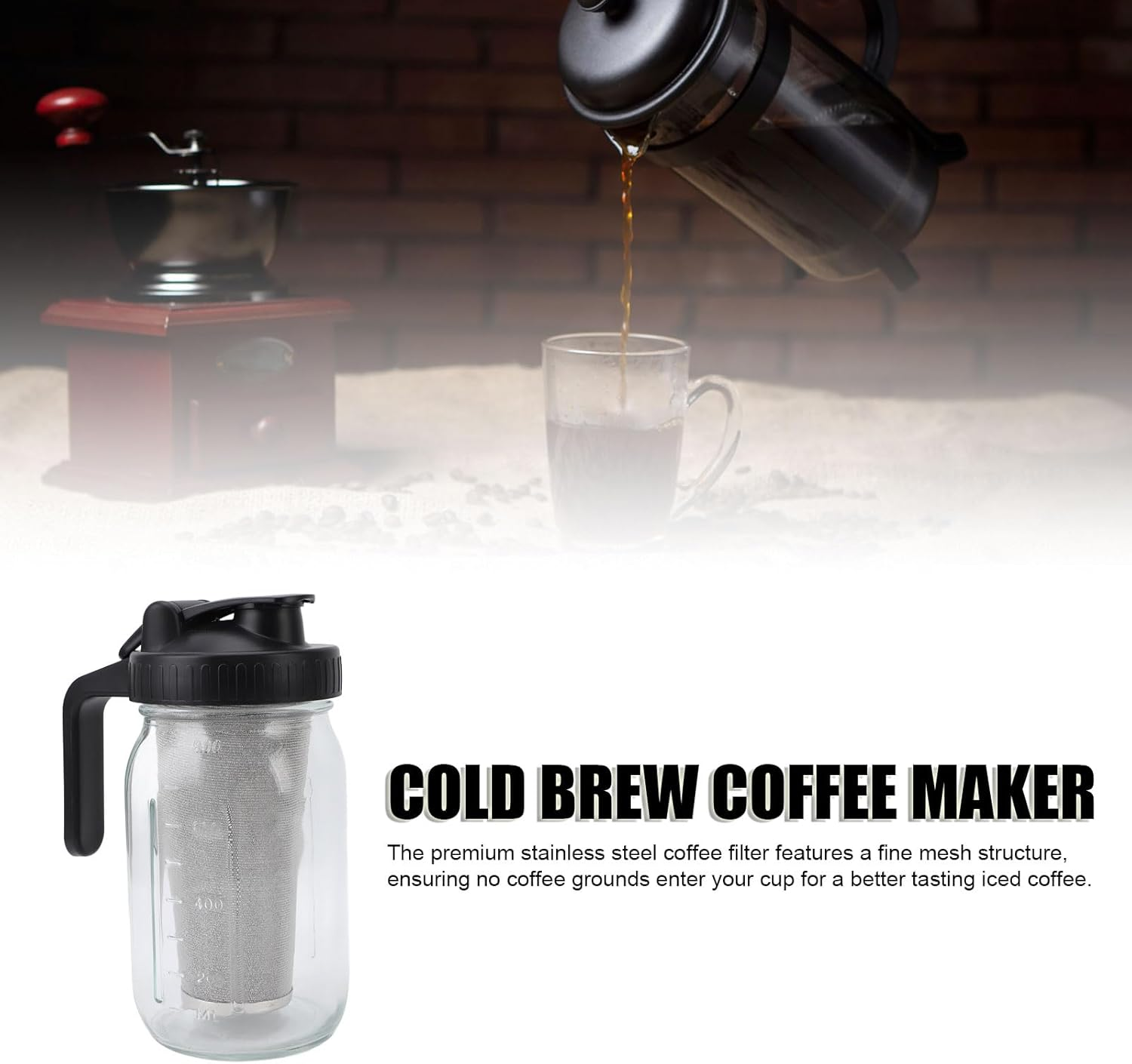 Bewinner Cold Brew Coffee Machine, Thick Cold Brew Jug Made of Glass, Jug for Iced Coffee Maker with Stainless Steel Filter, Leak-Proof Lid for Iced Coffee Lemonade (2000 Ml) image number 3