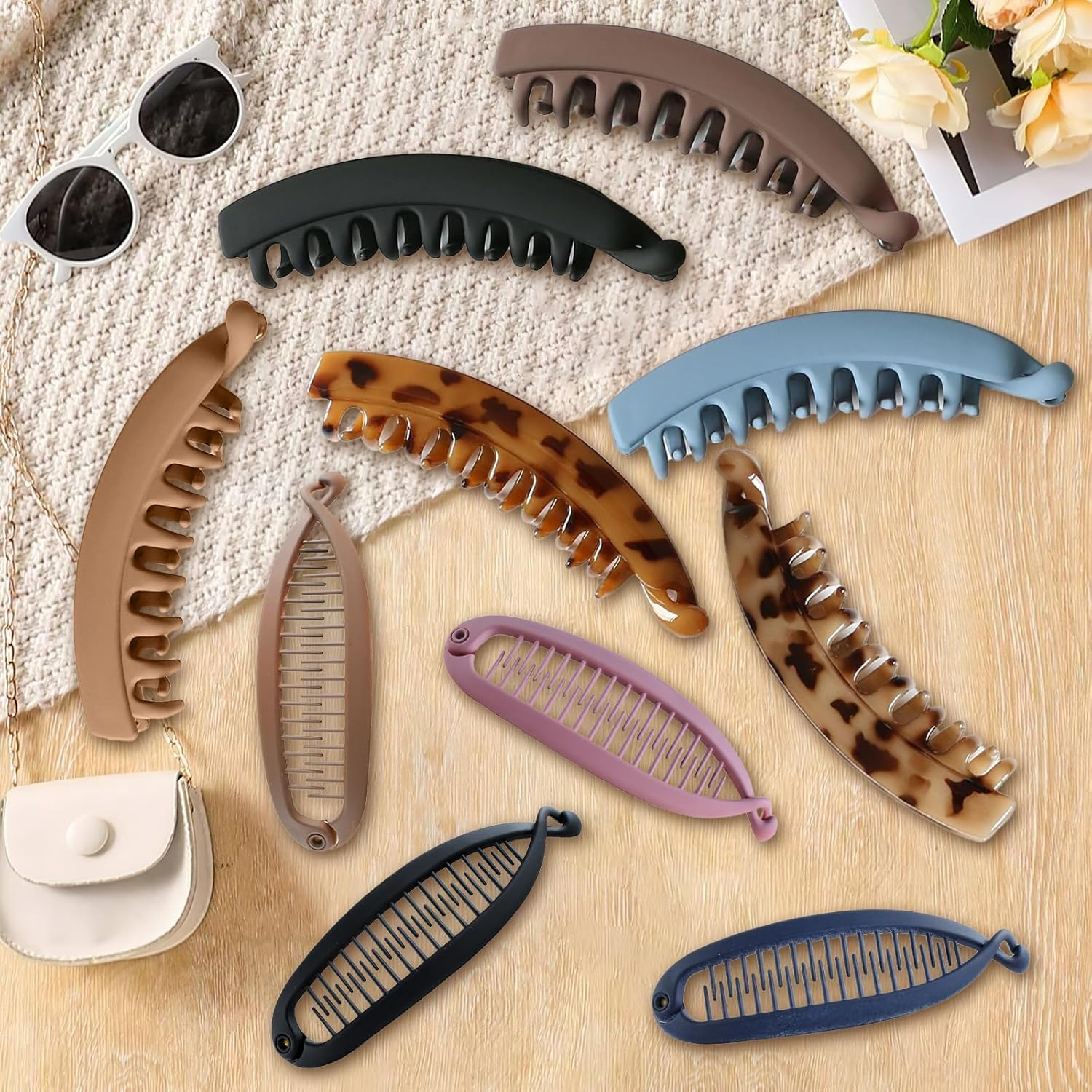 VEGCOO Pack of 10 Banana Clip Hair, Large Vintage Banana Clip, Banana Clips for Thick and Thin Hair, Non-Slip Ponytail Holder Clip for Women and Girls image number 6