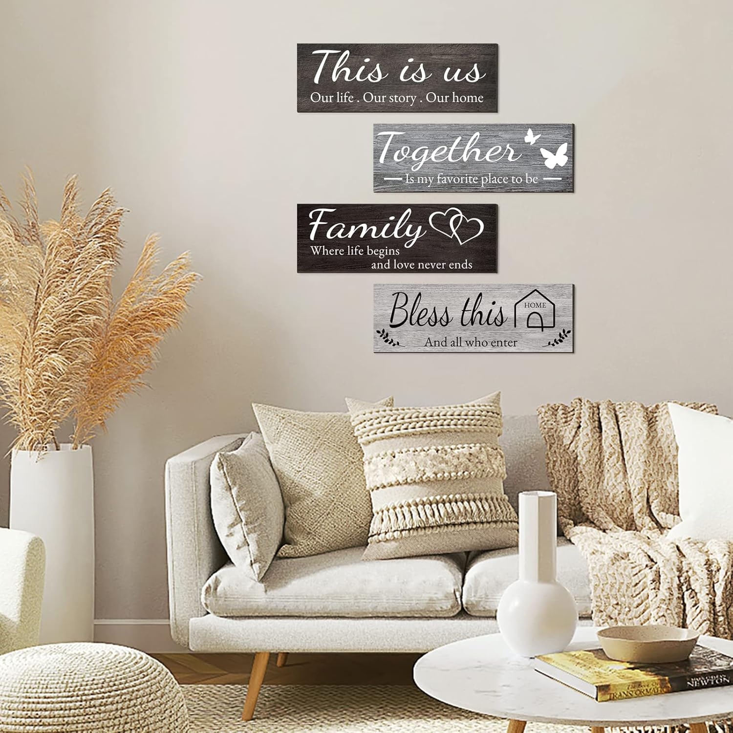 Joyhawk 4 Pieces Home Wall Decor Signs - THIS IS US/TOGETHER/BLESS THIS HOME/FAMILY for Living Room Bedroom, Rustic Wooden Farmhouse Art, 4.7 X 13.8 Inch (Mixed Color)
