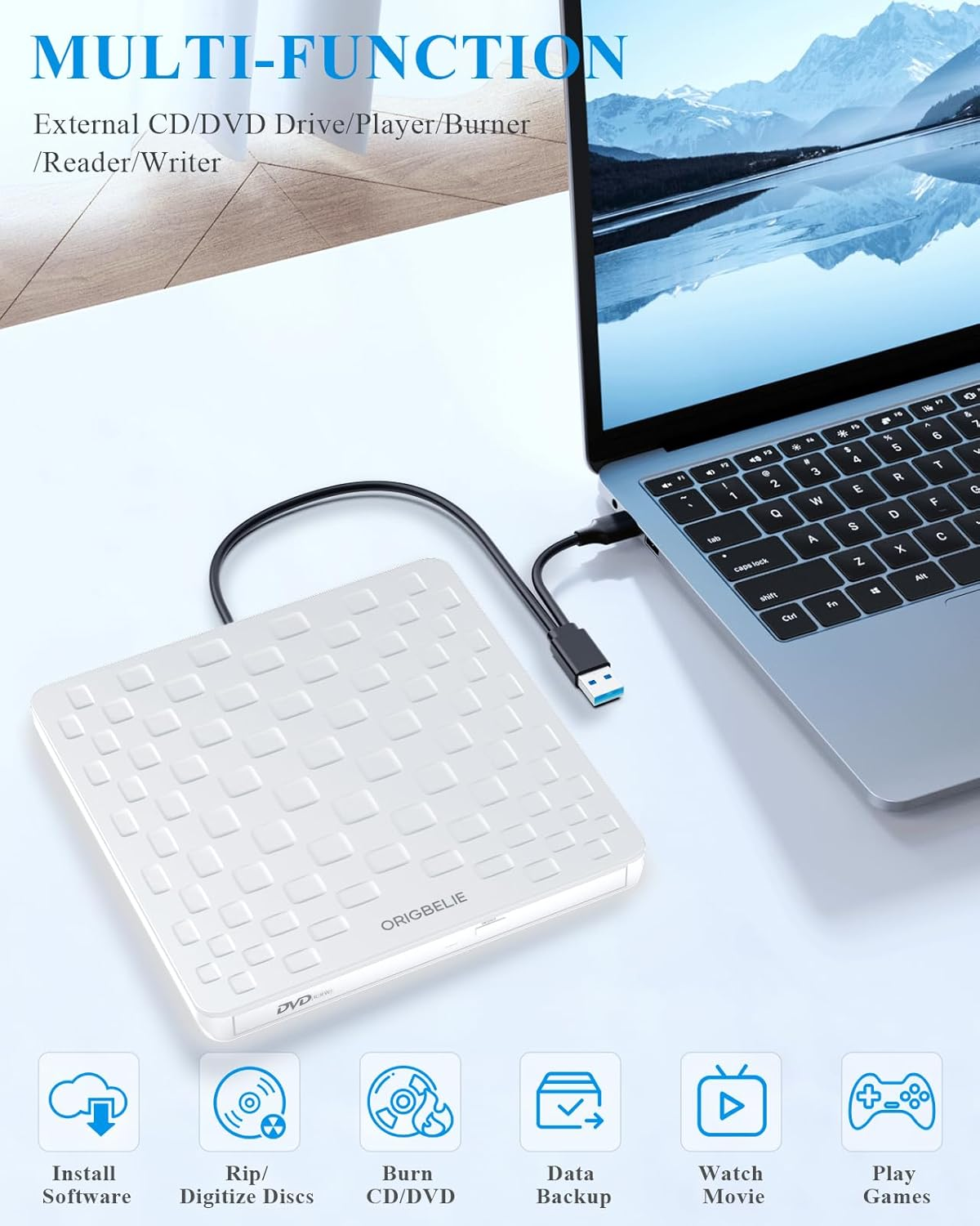 ORIGBELIE External CD DVD Drive for Laptop, USB 3.0 Type-C Ultra Slim 13Mm DVD Player Portable CD DVD +/-RW Drive CD Burner Reader Writer Recorder for Desktop PC Windows 11/10/8/7 Linux Mac OS (White) image number 3