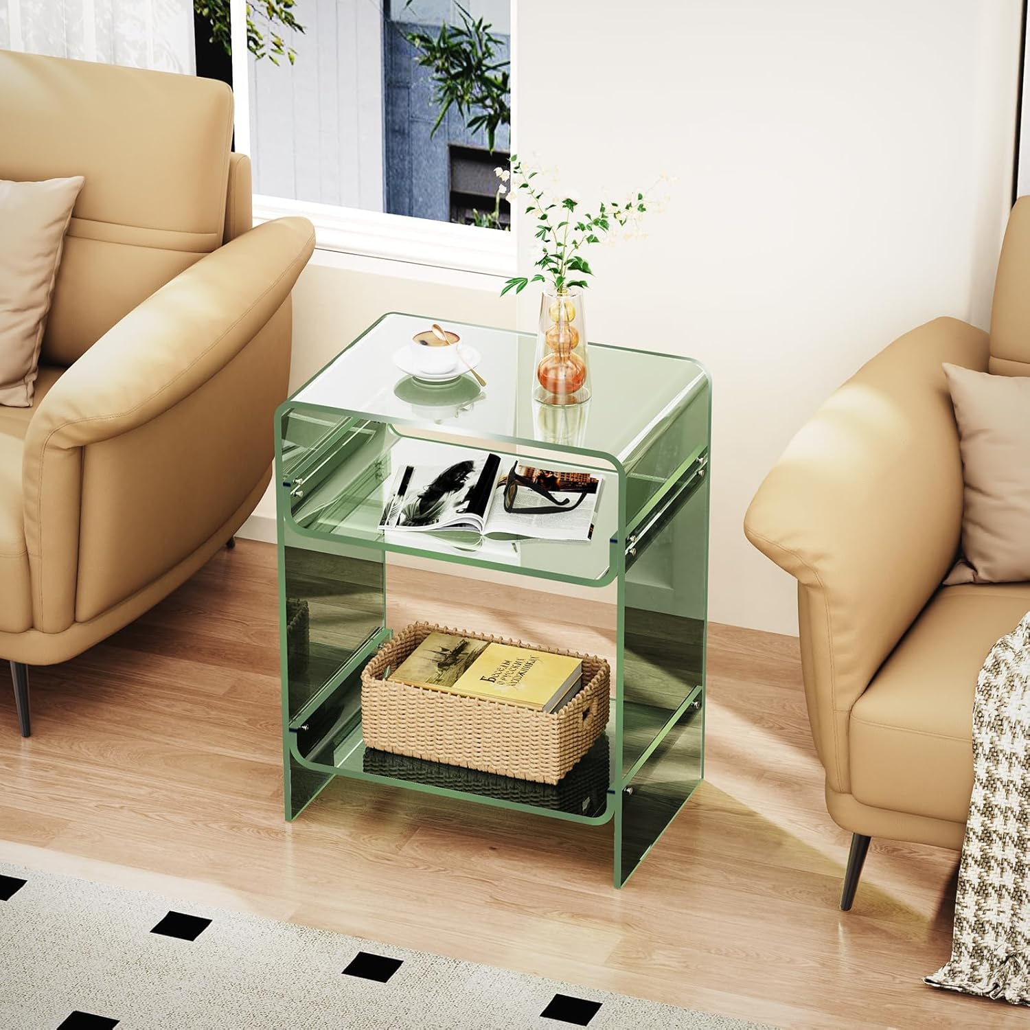 Acrylic Record Player Table with Storage Shelf, Clear Side Table, Nightstand (Green)