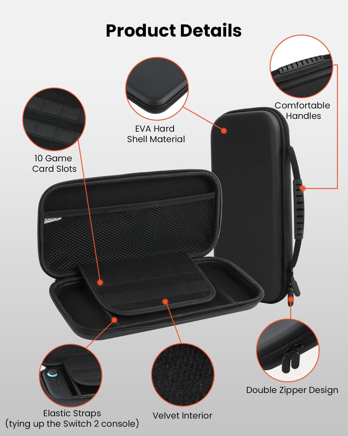 GEEKERA 11-In-1 Case Accessories Bundle for Nintendo Switch 2 - Hard Shell Carrying Case with Screen Protector, Controller Covers, 12 Game Slots, Thumb Grips & More | Travel Case for Switch 2 (Black) image number 5