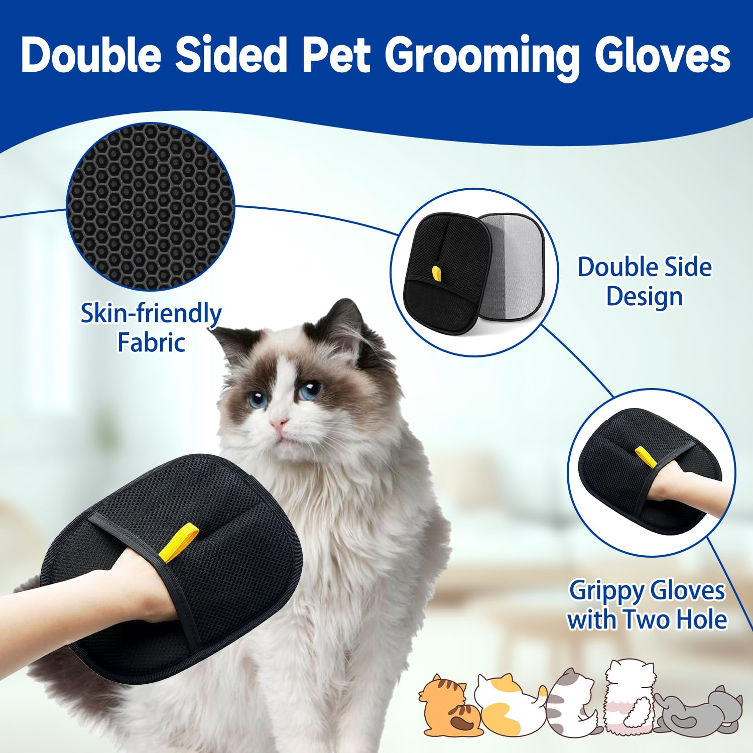 Xinrongda Pack of 2 Brush, Pet Hair Remover, Fingerless Cat, Double Sided Grooming Glove, Reusable Antistatic Gloves, Double-Sided, Fur Magnetic Glove for Washing, Hair Removal image number 6
