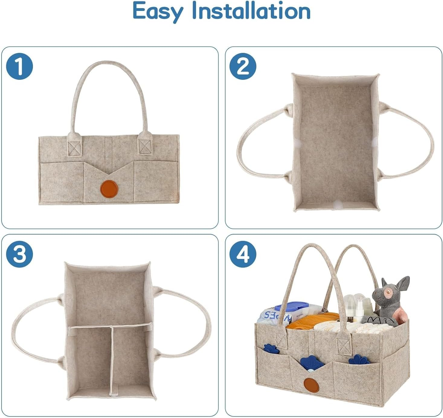 Baby Diaper Caddy Organizer, Nappy Caddy Organiser, Felt Cloth Multi Pocket Storage Bin Basket with Handle for Indoor Outdoor (Grey) image number 2