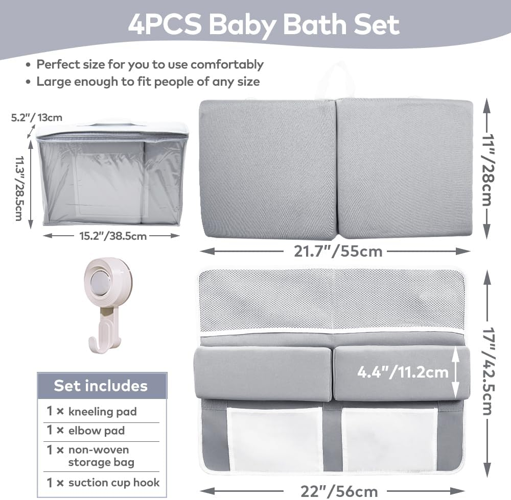 4PCS Baby Bath Kneeler and Elbow Rest Pad Set,1.5'' Bath Kneeler Pads,Elbow Pad with 4 Pockets,Non-Slip Knee & Arm Support Bathtub Mat with a Hook & a Bag(Grey) image number 5