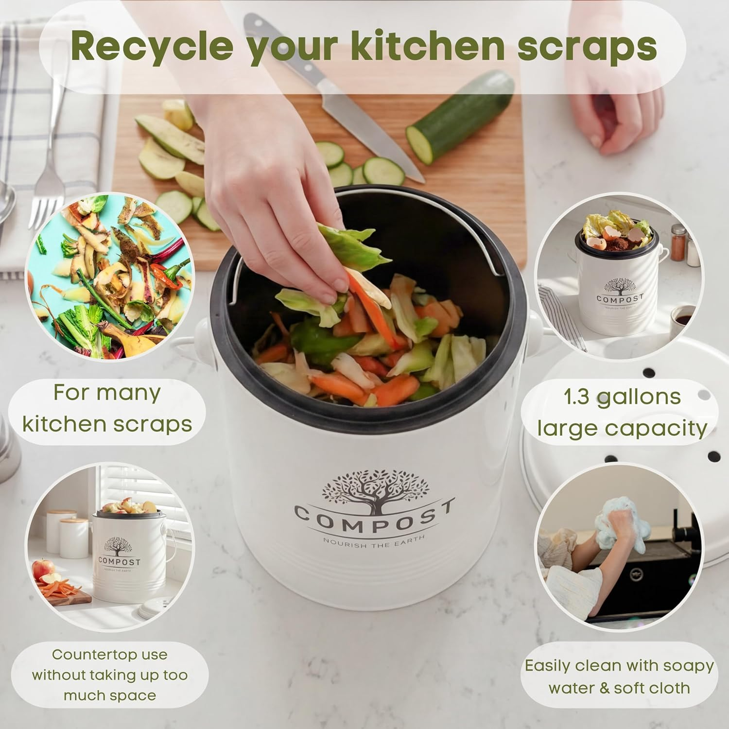 Perfnique Kitchen Compost Bin, 1.3 Gallon Countertop Compost Bin with Lid, Indoor Compost Bucket Includes Inner Bucket Liner and Carbon Filter, Small Compost Bin with Trash Bags image number 3