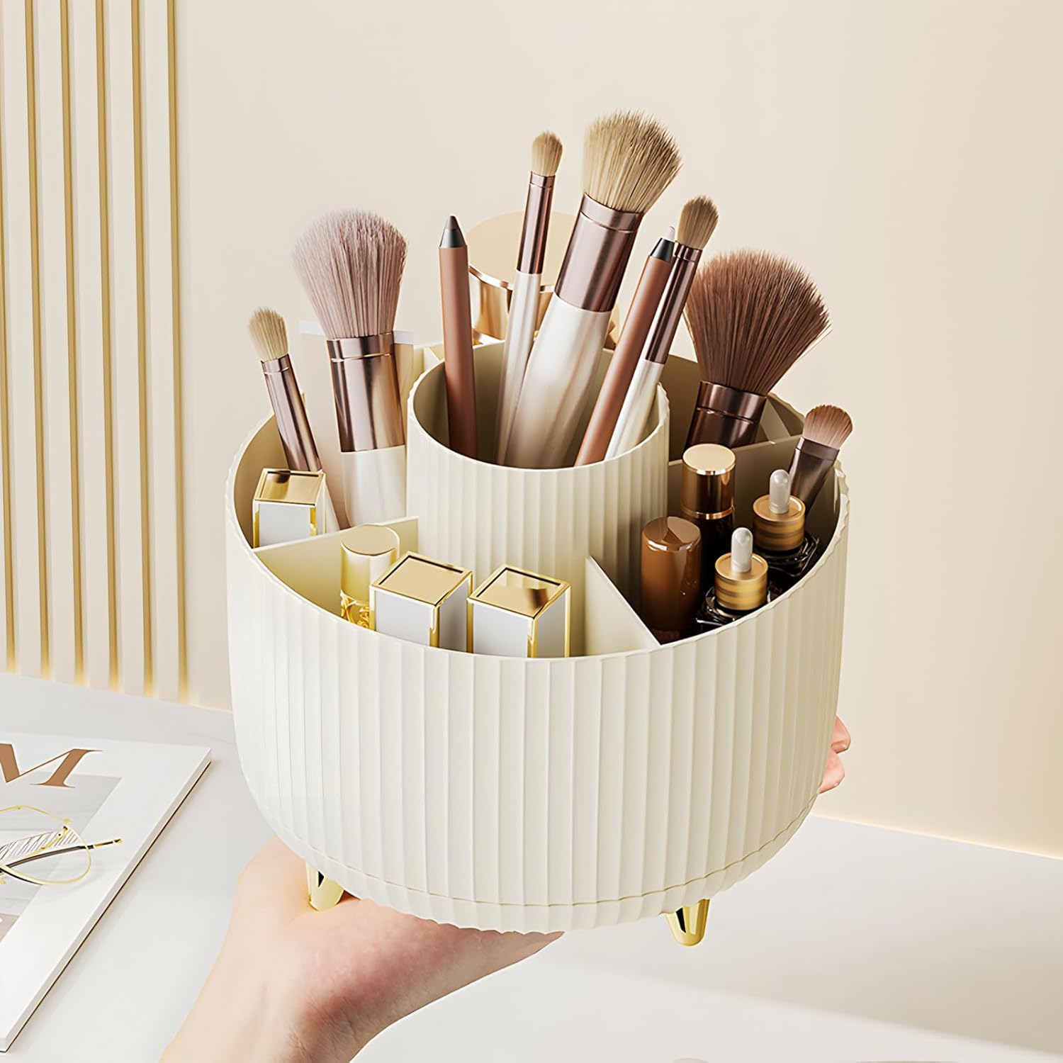 Diesisa Makeup Brush Holder Organizer,360&deg; Rotating Makeup Brush Organizer,5 Slot Make up Brushes Cup for Cosmetics, Nail Polish, Art Supply, Bathroom Vanity Desktop Organizer - White