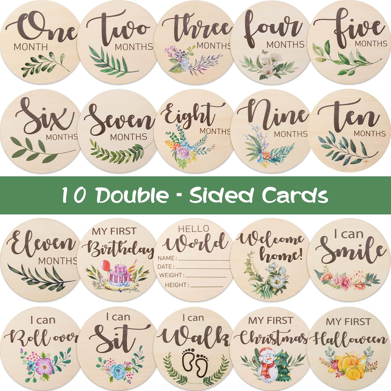 Baby Monthly Milestone Cards Sign - 10 Double Sided Marker Wooden Circles Discs Newborn Photography Prop, Pregnancy Journey Birth Announcement Sign Baby Boy and Girl Gift Sets image number 5