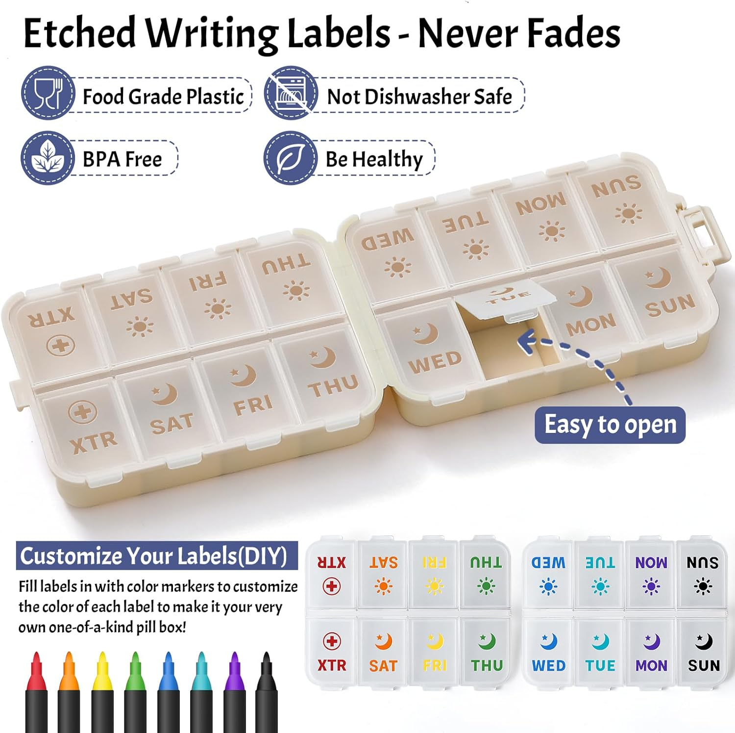 Foldable & Portable Pill Organizer 2 Times a Day with Extra Compartment - Etched Labels - Weekly 7 Day AM PM Medicine Box, Week Daily Travel Pill Case Holder Dispenser for Vitamin, Supplement - Khaki image number 5