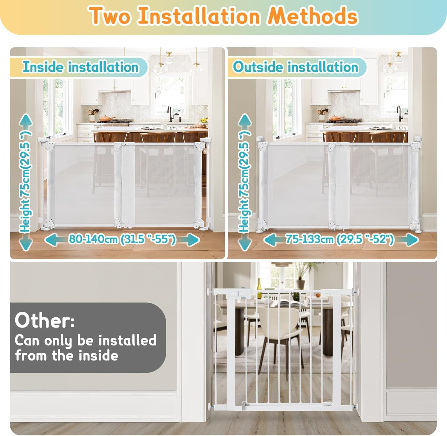 Foldable Baby Gate, Adjustable Baby Gates for Doorways, Dog Gate Adjustable Width 80 to 140Cm, 75Cm Tall Pet Gate One Handed Operation, Mesh Safety Gate for Stairs/Hallways/Outdoor/Indoor image number 6