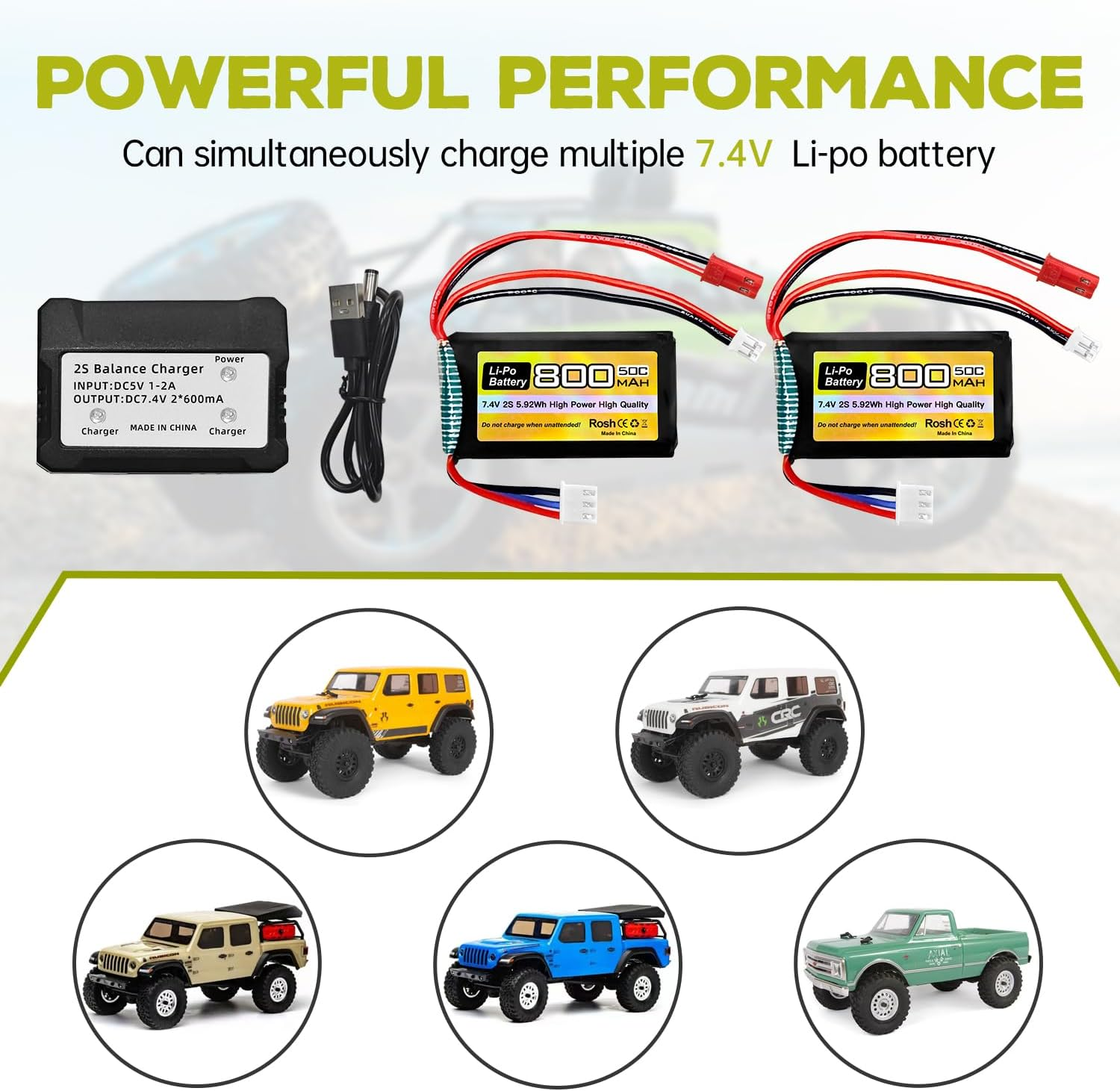 Fytoo 2PCS 7.4V Lipo 2S 50C 800Mah with JST and PH2.0 Plug with 2In1 Charger for SCX24 RC Car Battery, Compatible with Most 1/10, 1/16, 1/18, 1/24 Scale RC Car, Truck and RC Drone Batteries image number 1