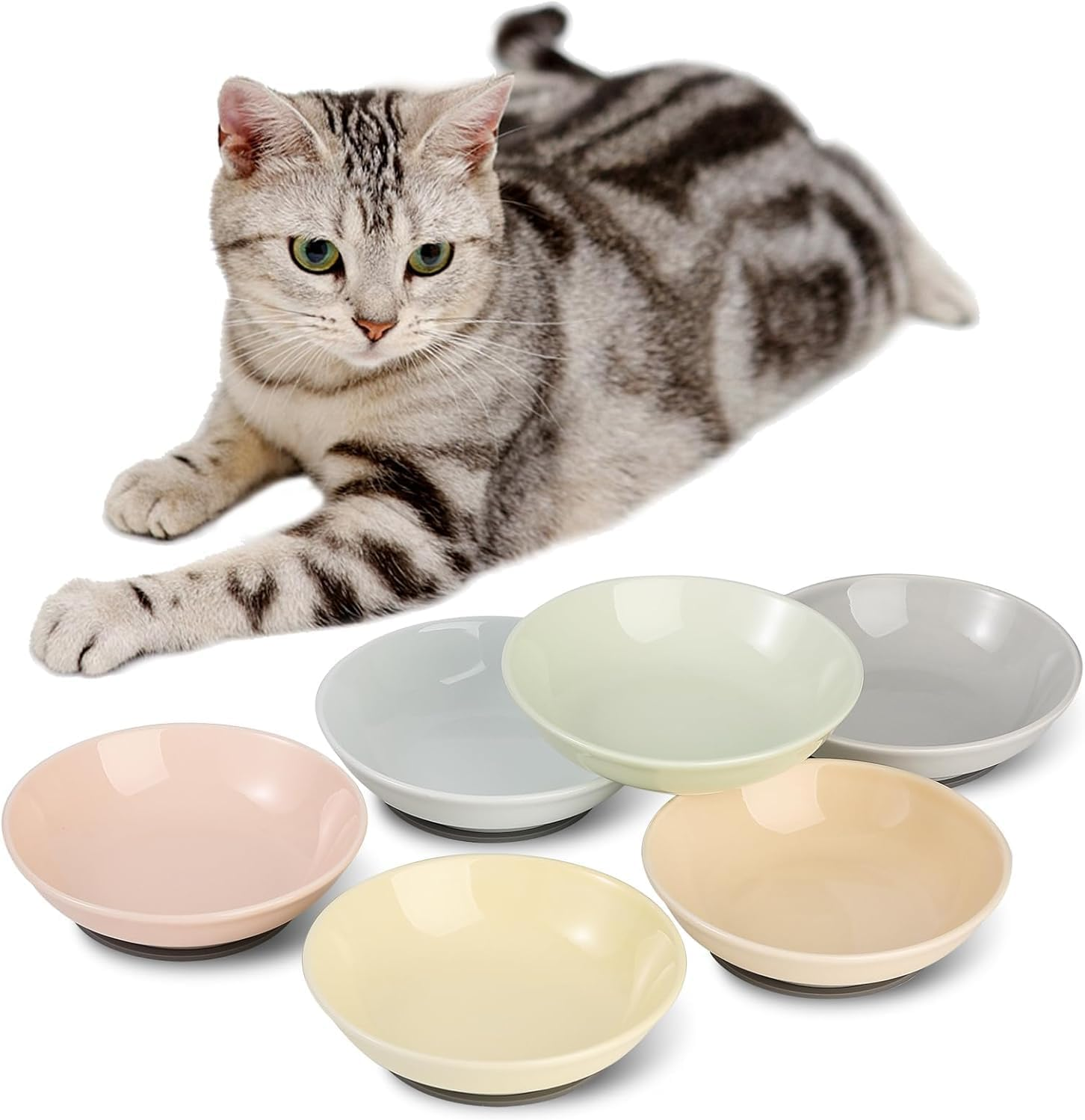 Ceramic Cat Food Bowl Set - Colorful Feeding Bowls with Non-Slip Mat - Wide Shallow Whisker Friendly Plates - Cute Dish - Microwave Dishwasher Safe - 6 Pack - 8.5 Oz - 5.75 Inch image number 1