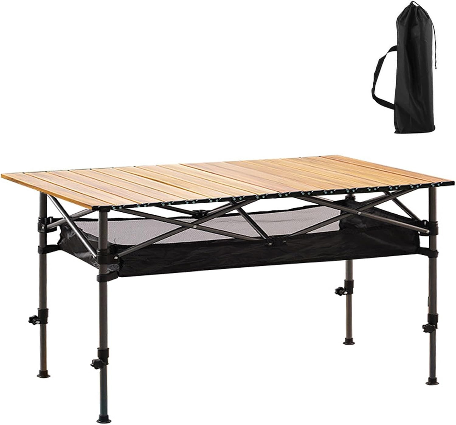 Eqiech Folding Camping Table,Portable Picnic Table,Adjustable Height,Outdoor Egg Roll Table with Storage Basket,Carbon Steel Material,Lightweight,For Hiking,Fishing,Camp,Beach（120 * 55 * 80Cm） image number 1