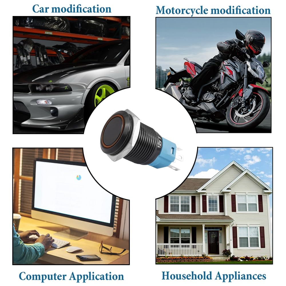 Yakamoz 2Pcs 16Mm Waterproof Latching Push Button Switches, 12V Self-Locking Button on off with Sockets Yellow LED Wiring Harness for Automotive, Marine, Industrial Machinery and DIY. image number 5