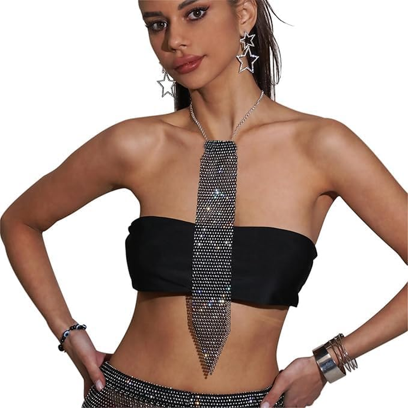 Sparkling Sequin Mesh Neck Tie Long Diamond Necktie Narrow Scarf Crystal Choker Neckerchief Party Club Costume for Women Men