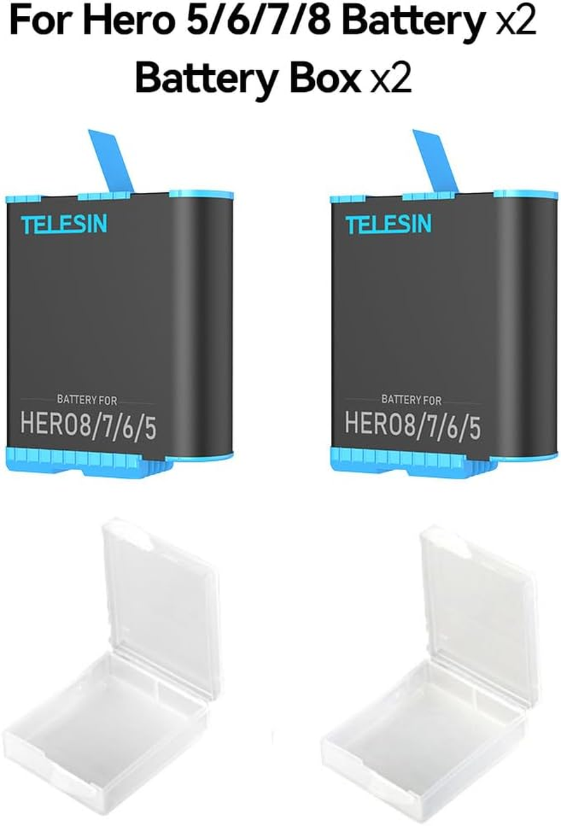 TELESIN 2-Pack Batteries and Triple Charger for Gopro Hero 8 Hero 7 Black Hero 6 Hero 5 Black Hero Camera, with Go Pro Small Carry Case, 2 Battery Case(Fully Compatible with Original) image number 4