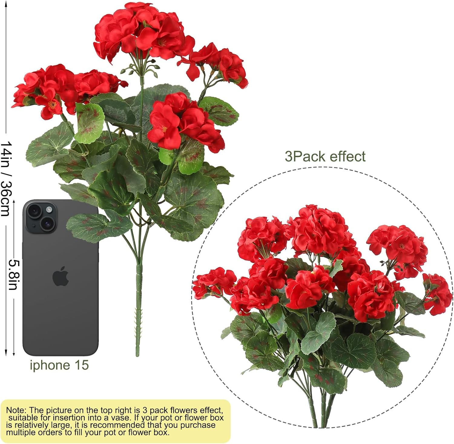 Dremisland 3 Pack Artificial Geranium Flowers for Outdoors Red Geranium Silk Flowers Outdoor UV Resistant Garden Plants Bush Faux Flowers for Home Wedding Kitchen Table Centerpieces Decor(Red, 3Pack) image number 7