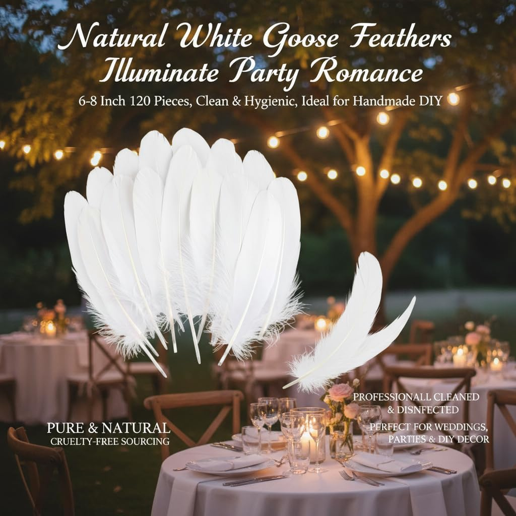 120Pcs Natural White Goose Feathers 6-8 Inch for Crafts, Wedding Decorations, DIY Projects, Dream Catcher, Party & Home Decor （White）- CRFY - Black image number 3