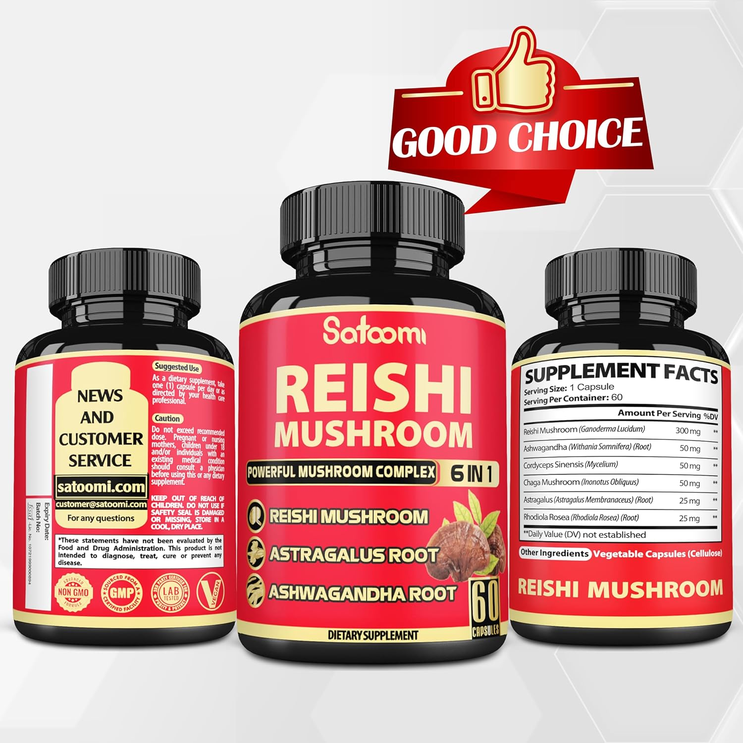 6In1 Reishi Mushroom Supplement Capsules - 6 Natural Ingredients - 60 Vegan Caps for a 2-Month Supply image number 3