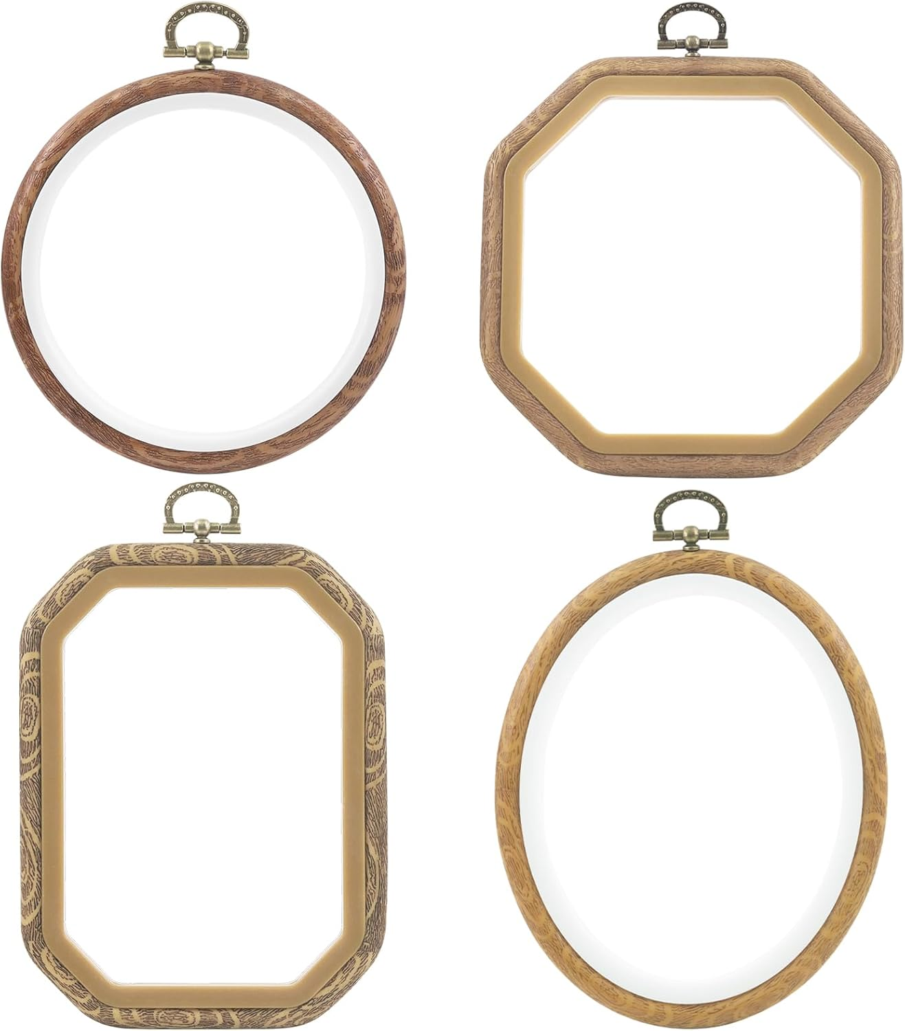 Swpeet 4Pcs 4 Sizes Circle Oval Rectangular Octagonal Embroidery Hoops Kit, Imitated Wood Plastic Display Frame, Cross Stitch Hoop Ring for Art Craft Sewing and Hanging Ornaments Home Decor image number 3