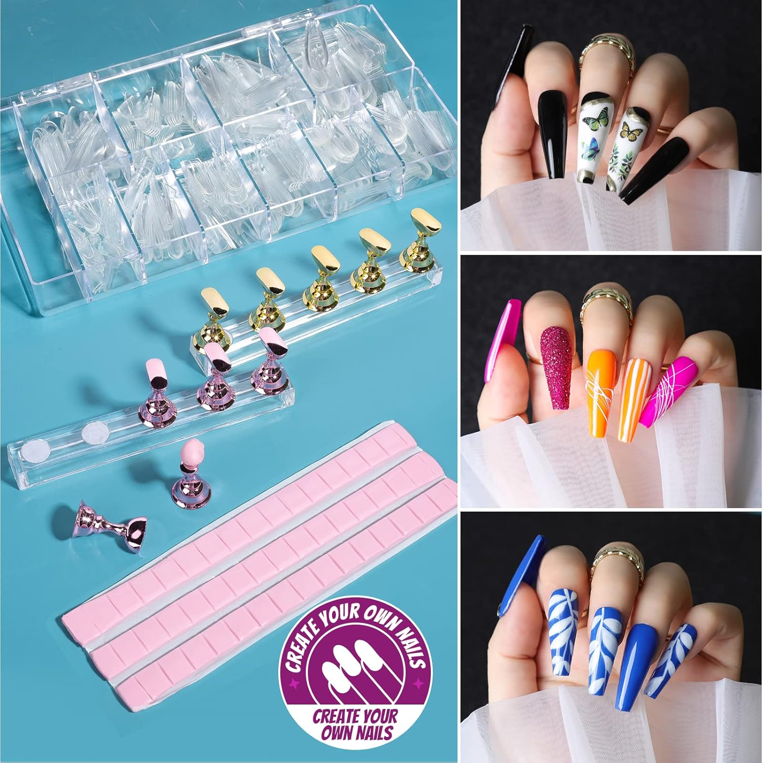 Acrylic Fake Nails Kit, Teenitor Press on Nail Supplies with Clear Coffin Tips Stand Art Brushes Dotting Pen Glitter Sequins Stickers Rhinestones Decorations Starter Kit 18 Counts image number 1