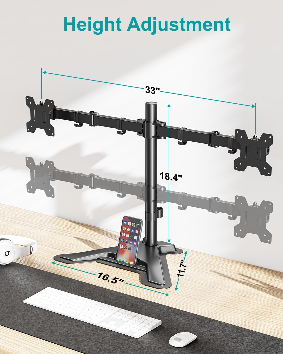 MOUNT PRO Dual Monitor Stand, Free-Standing Full Motion Monitor Desk Mount Fits 2 Screens up to 27 Inches,17.6Lbs with Height Adjustable, Swivel, Tilt, Rotation, VESA 75X75 100X100, Black image number 3