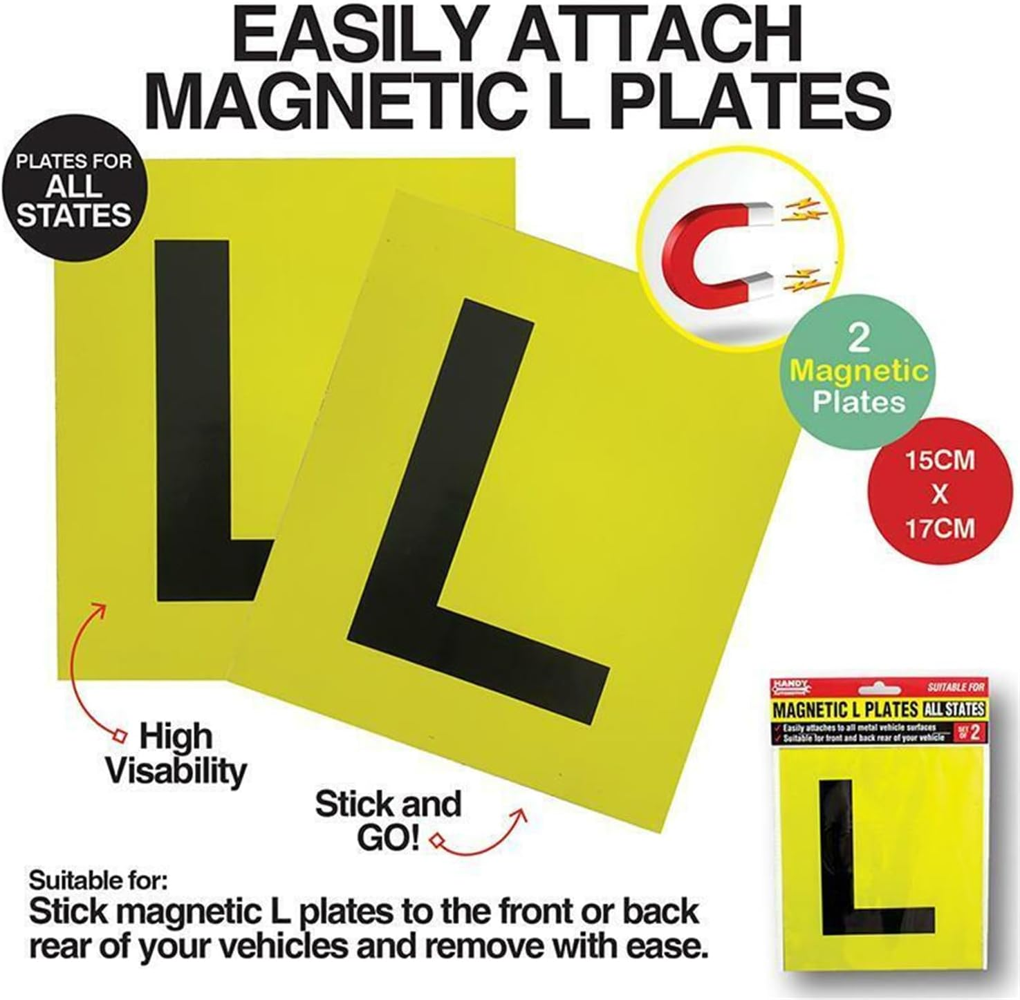 Leona Co All States AU 2Pk Yellow Driver Magnetic L Plate Strong Driver Learner Plates for Cars &ndash; No Tools Needed, Paint-Safe Magnetic L Plates for All Australian States (17 X 15 Cm) image number 1