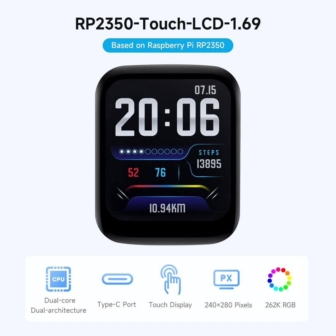 Waveshare RP2350 Microcontroller Development Board, with 1.69Inch Touch LCD, Rounded Corners, Dual-Core & Dual-Architecture Design, 16MB Flash, Accelerometer and Gyroscope Sensor image number 4