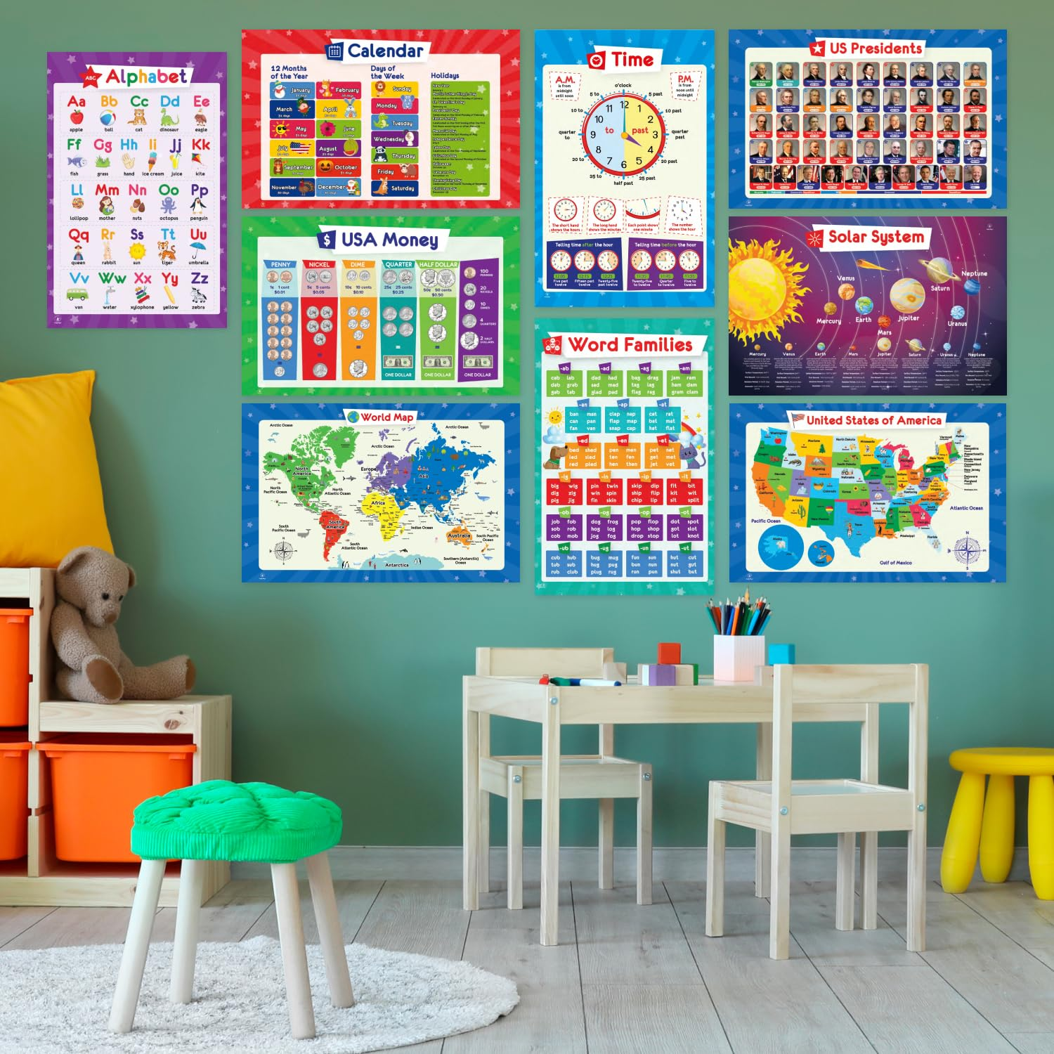 32 Set of 59 Educational Posters for Kids - 17X11, Multiplication Chart, ABC, World, USA Map, Periodic Table, Division, Homeschool Supplies - 17X11 image number 4
