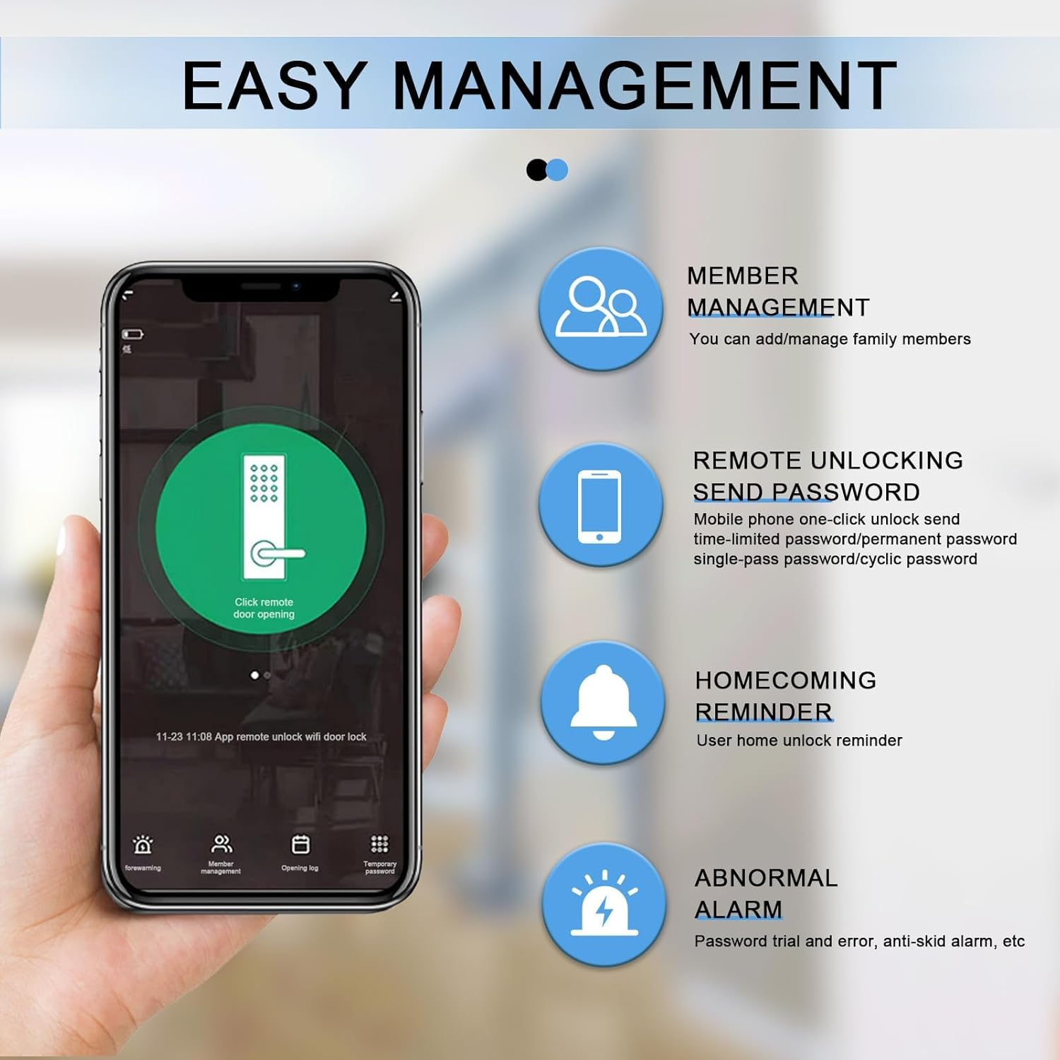 Smart Lock, Fingerprint Smart Door Lock Handle, 5-In-1 Electronic Digital Door Touch Lock, Left-Right Adjustable Door Handle for Front Door, Home, Office, Apartment (Black)