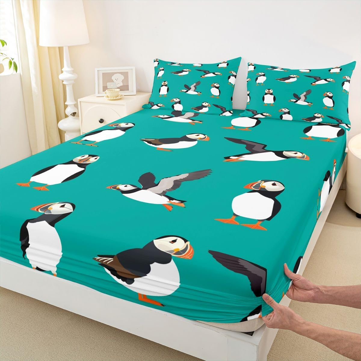 Puffin Bed Sheet Set Twin Size Puffin Bird Drawing Fitted Sheet for Kids Boys Girls Decor Cute Animal Theme Bedding Set Microfiber Polar Animal Bed Cover Bedroom image number 6