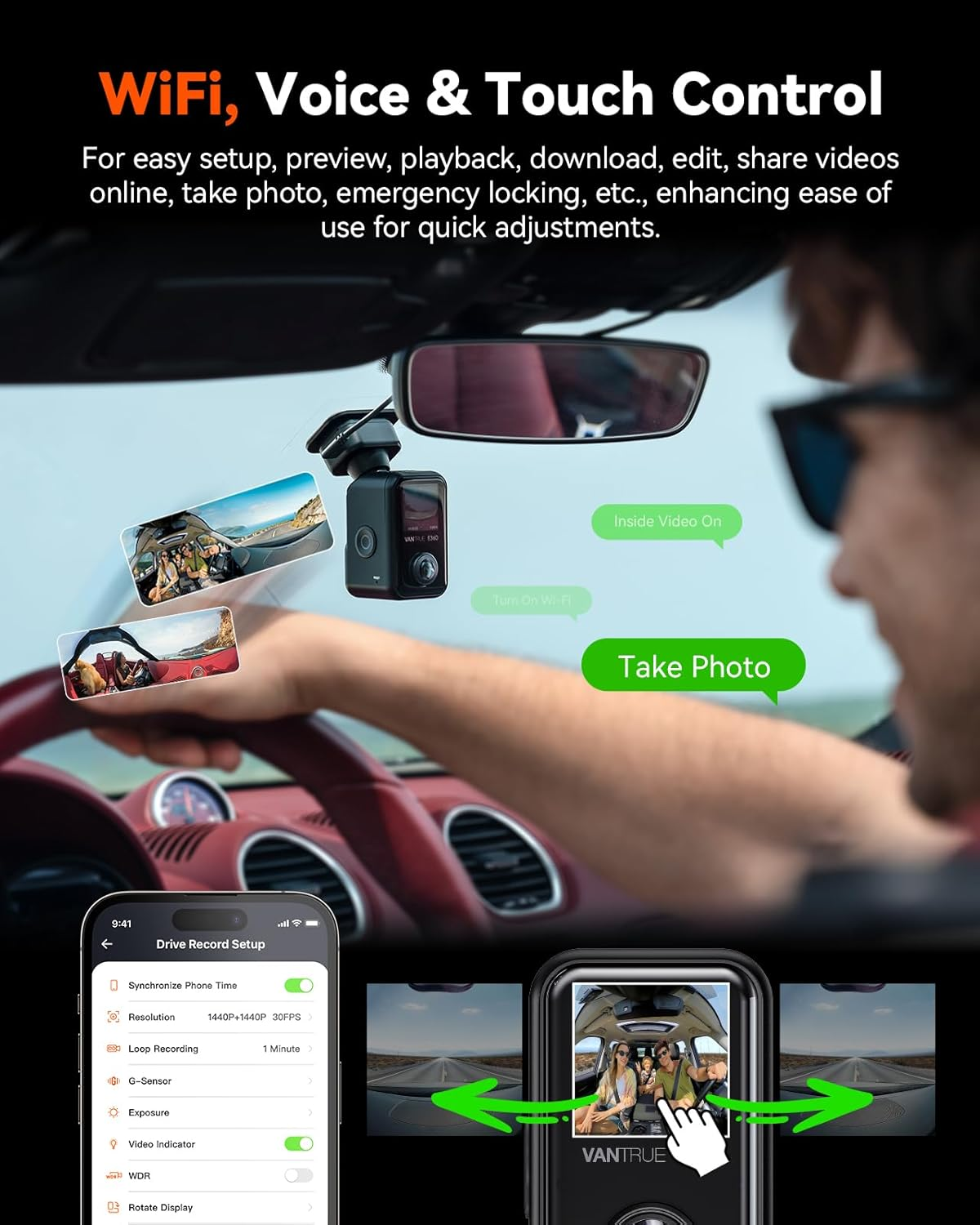 Vantrue E360 ACE 5.2K 360&deg; Panoramic Wifi Dash Cam, Handheld Camera, STARVIS 2, HDR, IR Night Vision, Front Rear inside Dashcam, Voice/Touch Control, GPS, 24/7 Buffered Parking Mode, Support 512GB Max image number 4