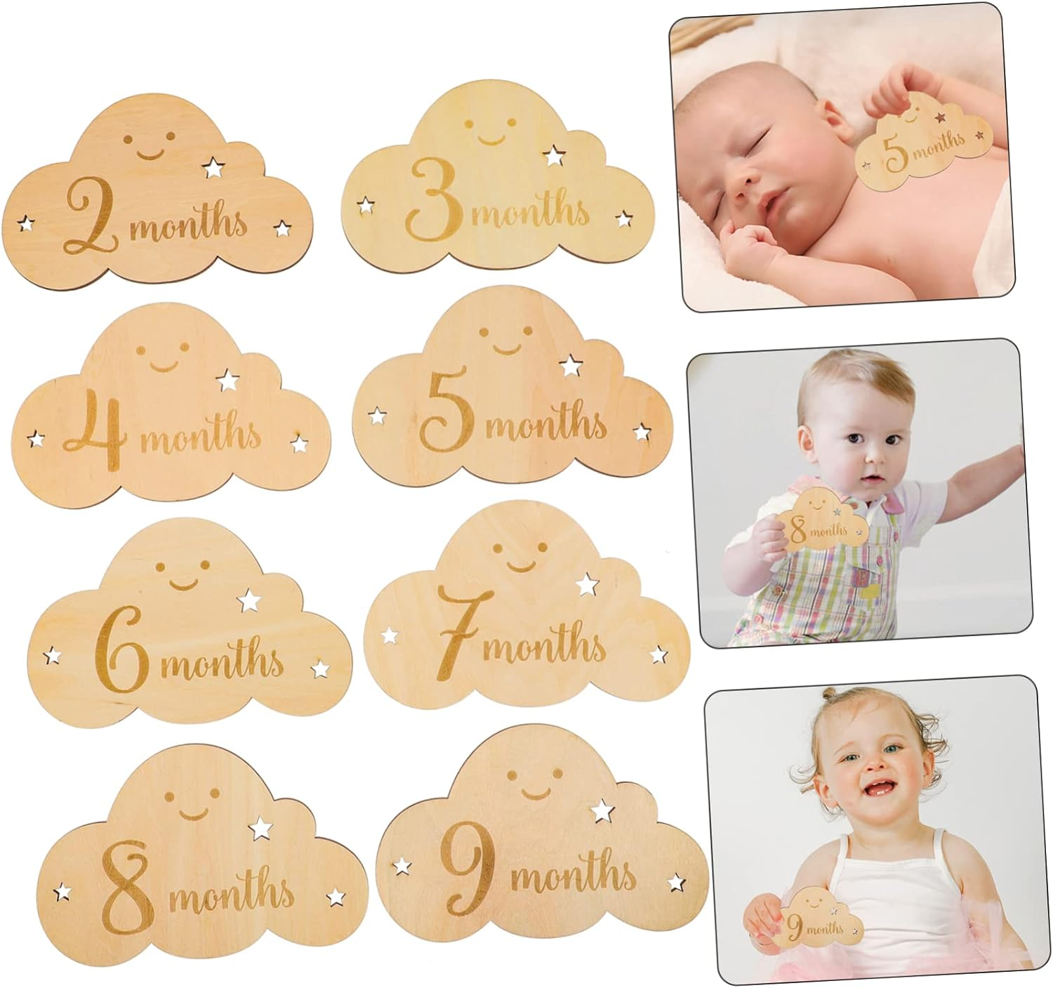8Pcs Wooden Cloud Signs for Photo Props Newborn Cards Birth Announcement Cards for Boys and Girls image number 3