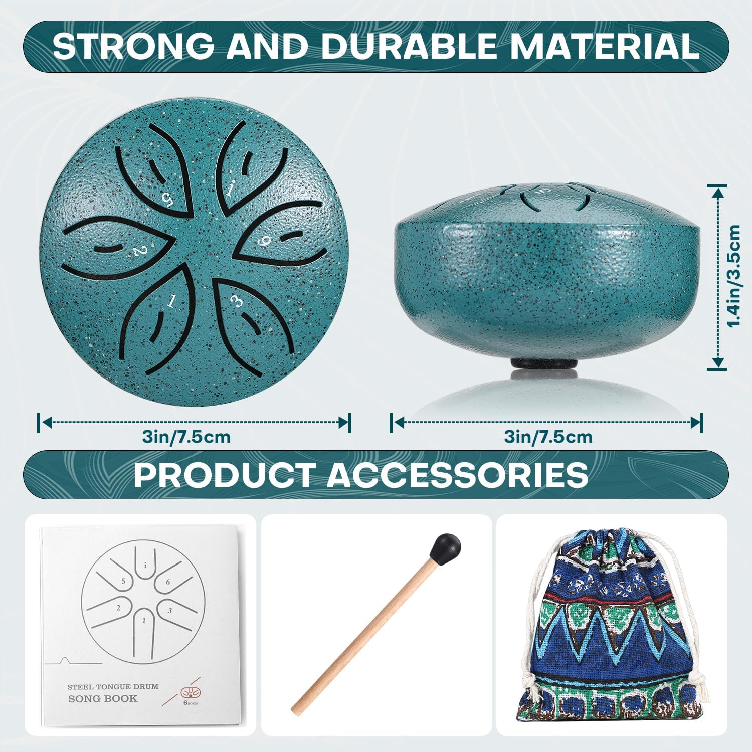 Facmogu Steel Tongue Drum for Outside, 3 Inch 6 Notes Chakra Drum for Outdoor Use, Mini Handpan Drum for Sound Bath, Musical Education Entertainment Meditation Yoga Zen Gifts - Green (Leaf Pattern)