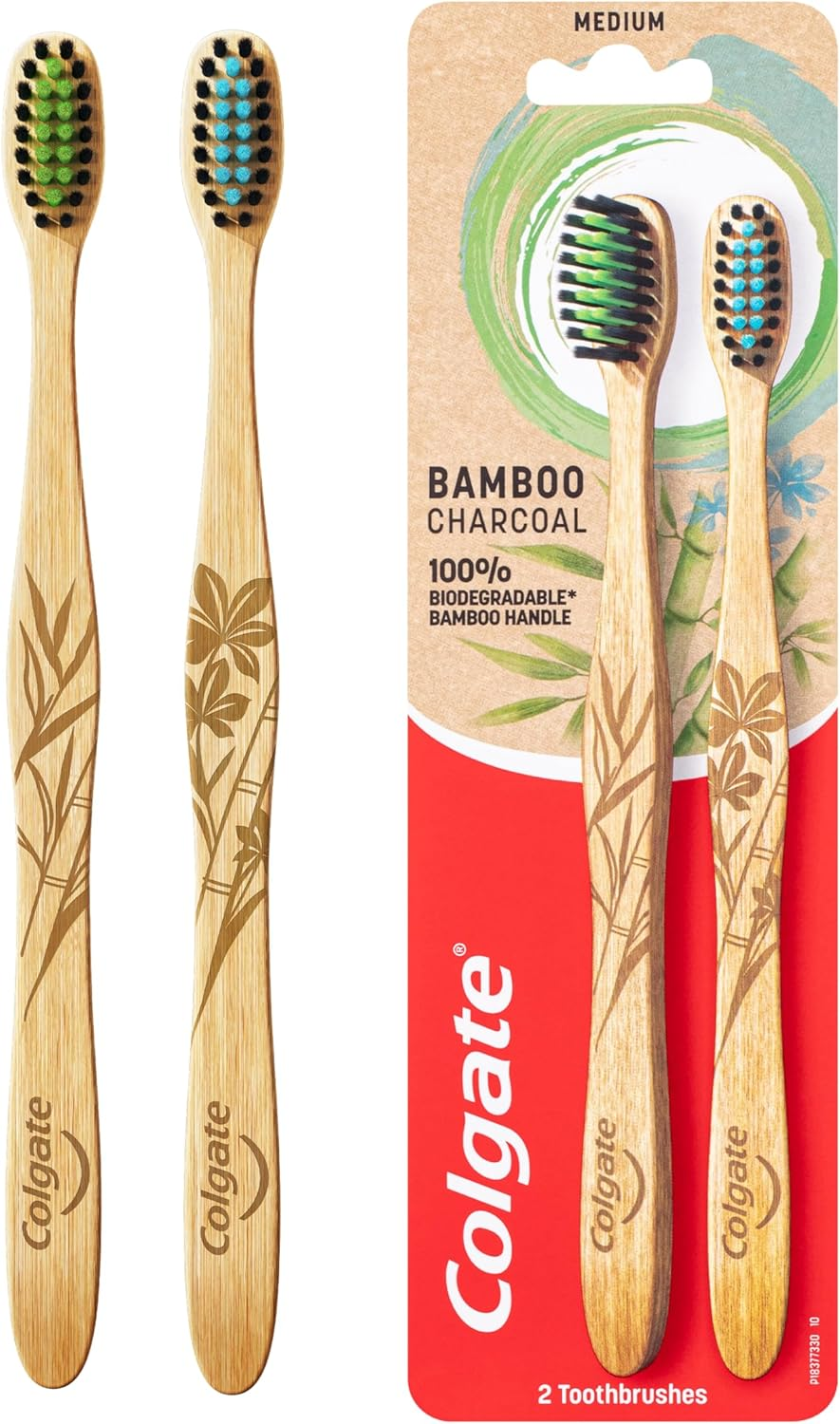 Colgate Bamboo Charcoal Manual Toothbrush, Value 2 Pack, Medium Bristles, 100 Percent Biodegradable Bamboo Handle, BPA Free image number 2