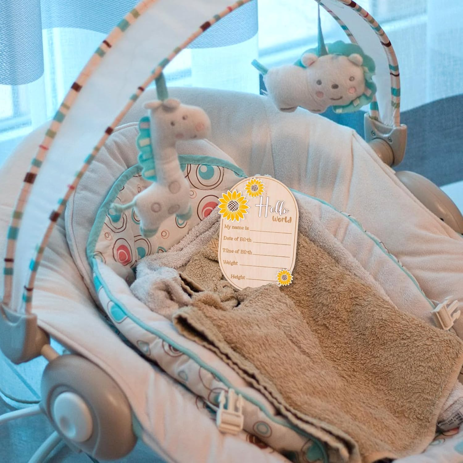 Baby Announcement Sign, 5.9In Newborn Announcement Sign, Oval Sunflower Hello World Sign, Wooden Welcome Birth Baby Name Board Plaques for Boys Girls, Photo Props Baby Shower Hospital Nursery image number 6