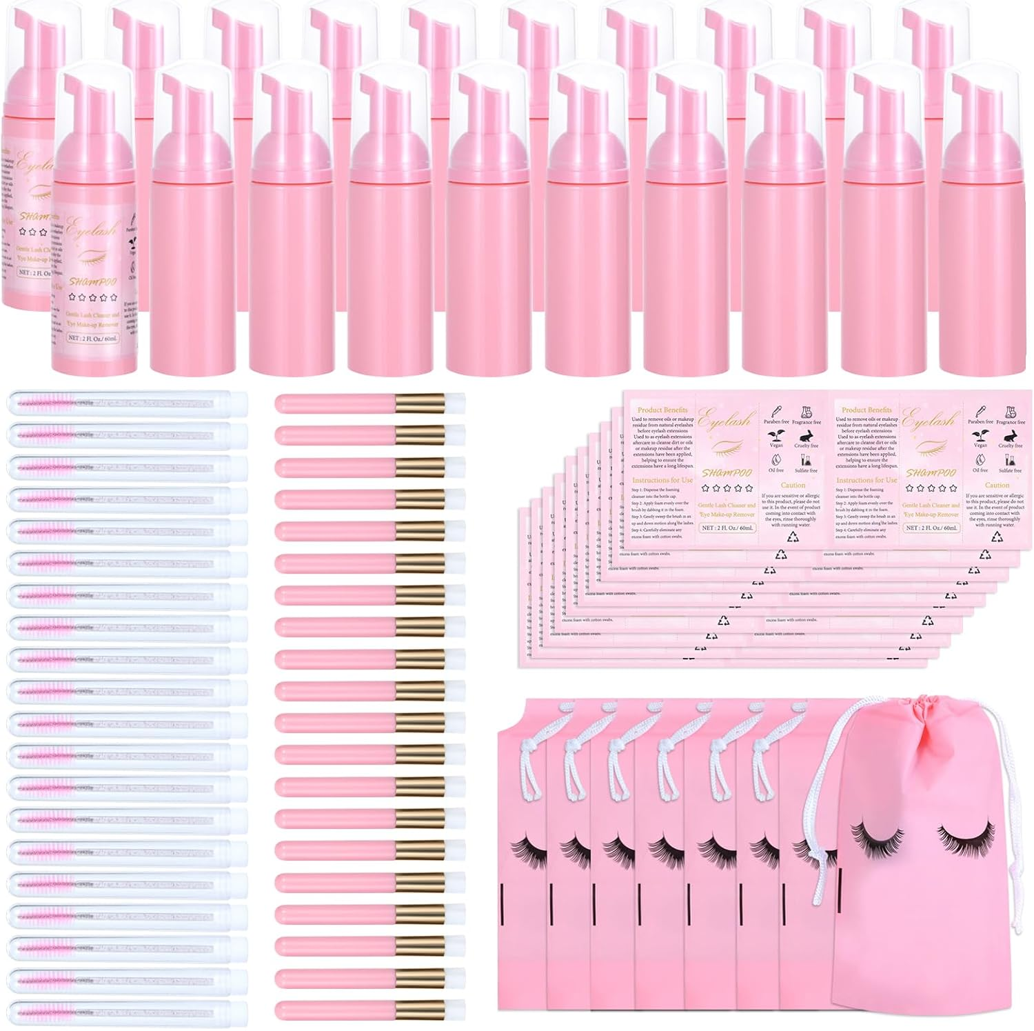 50 Pcs Lash Shampoo Bottle Brushes Set, Empty Lash Shampoo Bottles, Lash Shampoo Label Stickers, Mascara Wands and Tubes Eyelash Brush, Lash Cleansing Brushes, Bag for Lash Extensions Aftercare(Black)