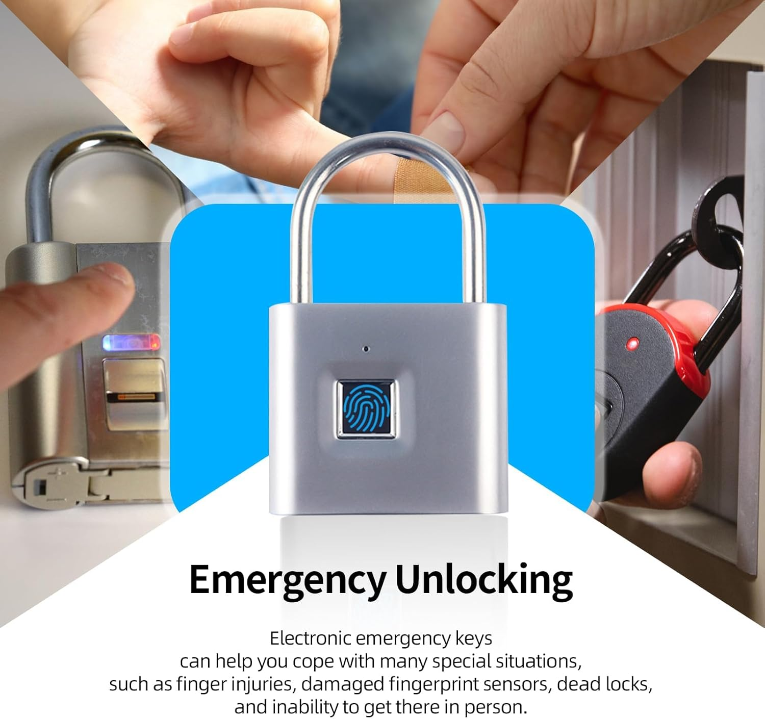 Tenixlox Fingerprint Padlock with Emergency Key, IP66 Waterproof Outdoor Indoor Padlock, Smart Lock for Warehouses, Gym, Schools, Homes, Office Cabinets image number 6