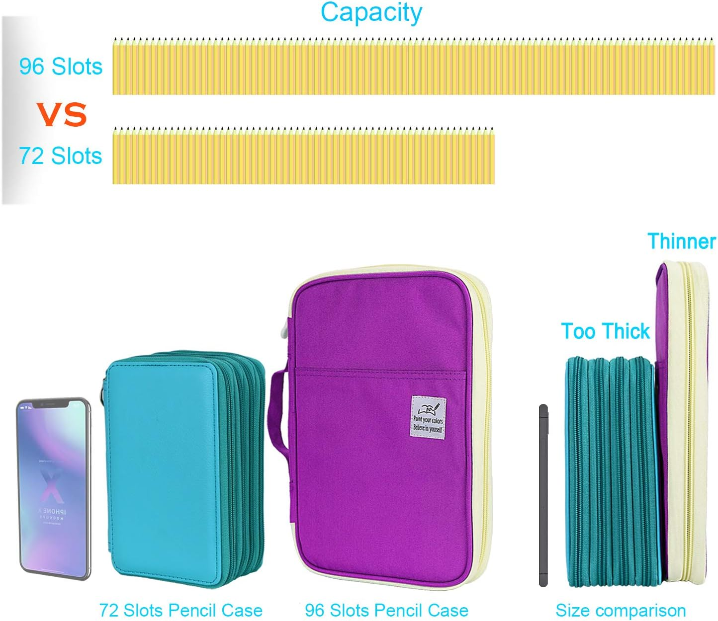 YOUSHARES 96 Slots Colored Pencil Case, Large Capacity Pencil Holder Pen Organizer Bag with Zipper for Prismacolor Watercolor Coloring Pencils, Gel Pens & Markers for Student & Artist (Purple) image number 1