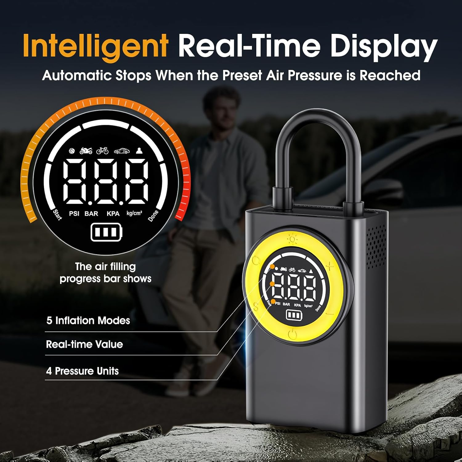 Tire Inflator Portable Air Compressor - 5X Faster 150 PSI Cordless Air Pump for Car Tires with Digital Pressure Gauge & Auto Shutoff, Emergency LED Light for Motorcycle/Bike/Ball image number 2