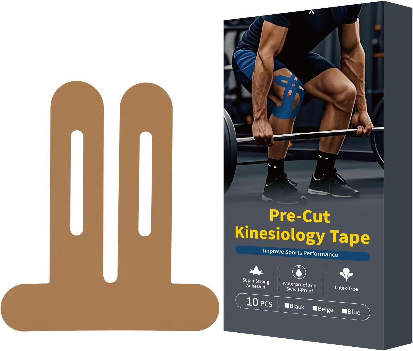 10 Pack Kinesiology Tape for Knee Support, Pre-Cut Kinesiology Tape for Knee Stability & Pain Relief, Waterproof Sports Tape, Hypoallergenic Breathable for Men & Women (Black)