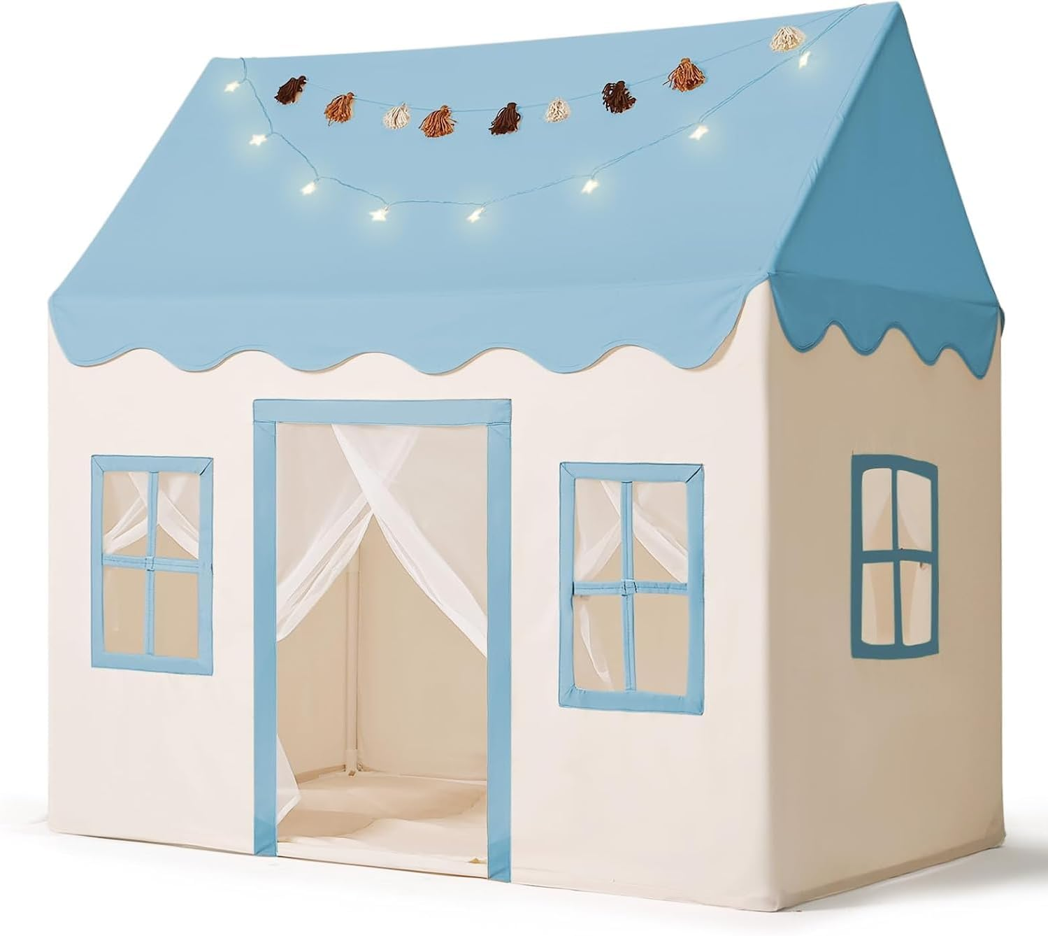 Large Kids Play Tent with Mat, XICEN Play Tent Indoor with Star Lights and Windows, Playhouse for Boys and Girls Aged 3+, Kid Tent with Mat Washable (Blue Top)