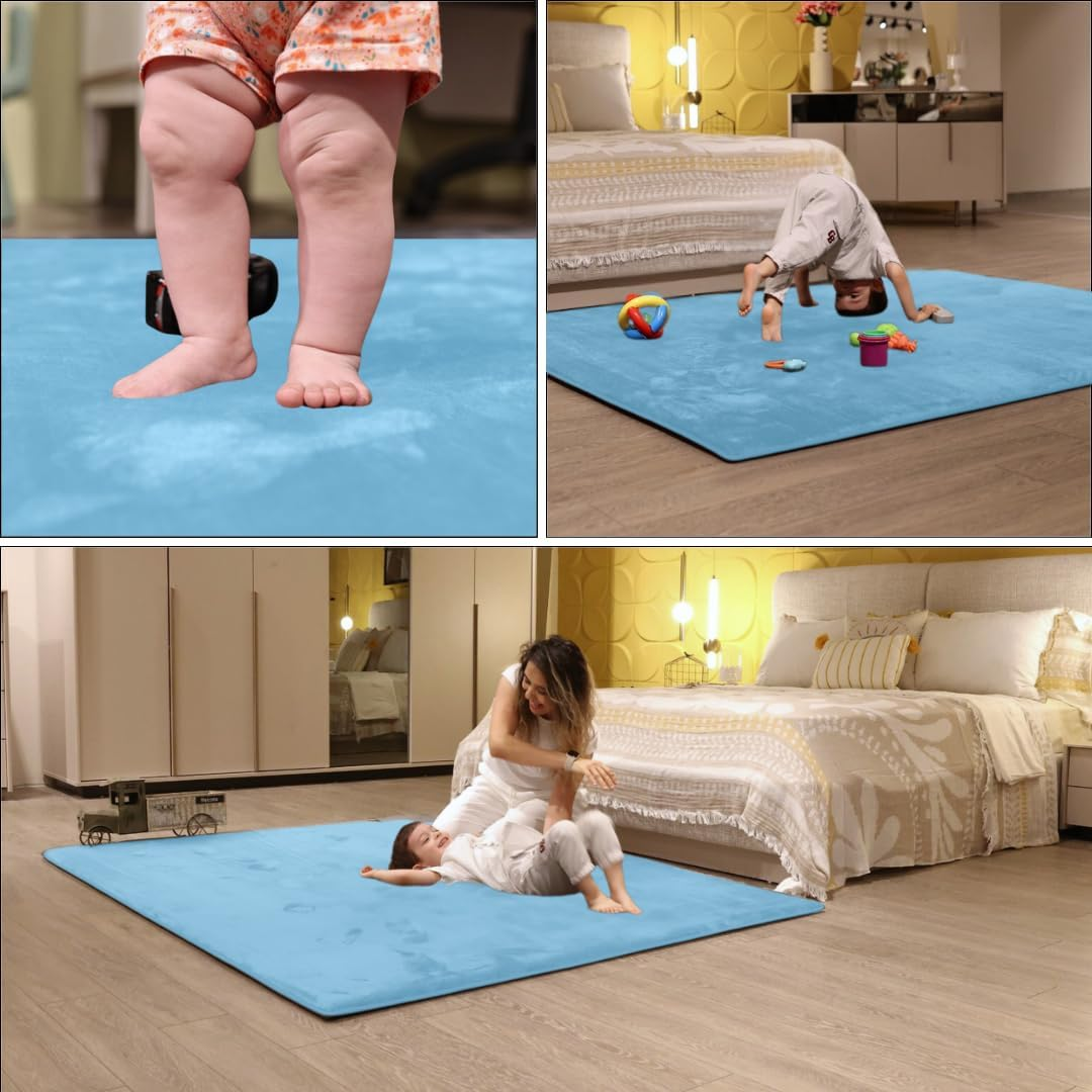 Hugb Baby Play Mat - Premium Extra Thick Non‑Slip Modern Rug for Kids & Toddlers - Tummy Time Mat for Floor -Safe Soft Game Area for Baby - Yoga & Stretching - OEKO-TEX Certified - Blue 150*200*3Cm image number 2